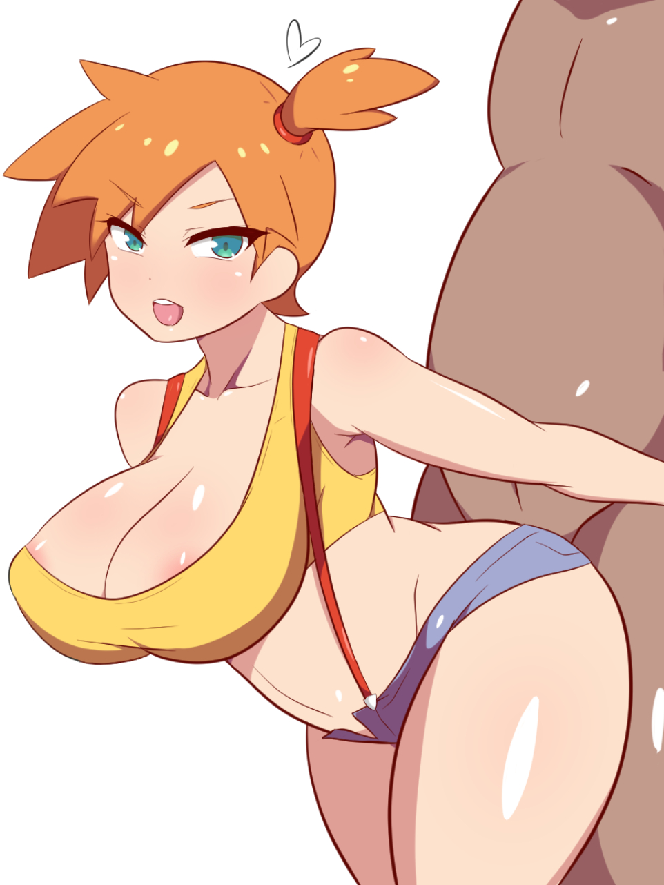 1boy, 1girls, alternate breast size, big breasts, blue eyes, breasts, dark skin, dark-skinned male, dd (artist), female, heart, huge thighs, human, kasumi (pokemon), light skin, light-skinned female, male, minishorts, misty (pokemon), nintendo, orange hair, overweight male, pale skin, pale-skinned female, pokemon, pokemon rgby, pussy, sex, shorts, straight, thick thighs, thighs, vaginal penetration, vaginal sex, voluptuous, white background, wide hips