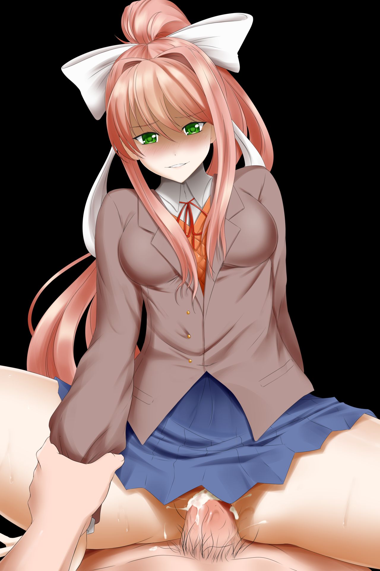 biting lip, blush, brown hair, clothed female nude male, cowgirl position, cum, cum in pussy, cum inside, doki doki literature club, female, female on top, green eyes, hair ribbon, kimmy77, male, male pov, male pubic hair, monika (doki doki literature club), pov, pov eye contact, pubic hair, pussy, school uniform, smile, vaginal penetration, wrist grab, wrist pull cowgirl