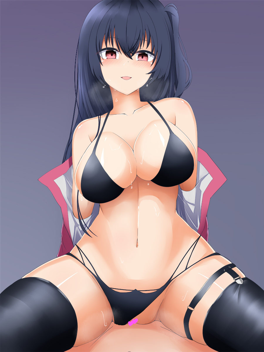 1boy 1girls agito_teruya agito_teruya_(agi-san) azur_lane bikini bikini_aside black_bikini black_footwear black_hair blush boots breasts censored commentary_request cowgirl_position female highres jacket large_breasts light-skinned_female light-skinned_male light_skin long_hair looking_at_viewer open_mouth red_jacket sakura_empire_(azur_lane) sex smile straddling swimsuit taihou_(azur_lane) taihou_(enraptured_companion)_(azur_lane) thigh_boots thighhighs vaginal_penetration