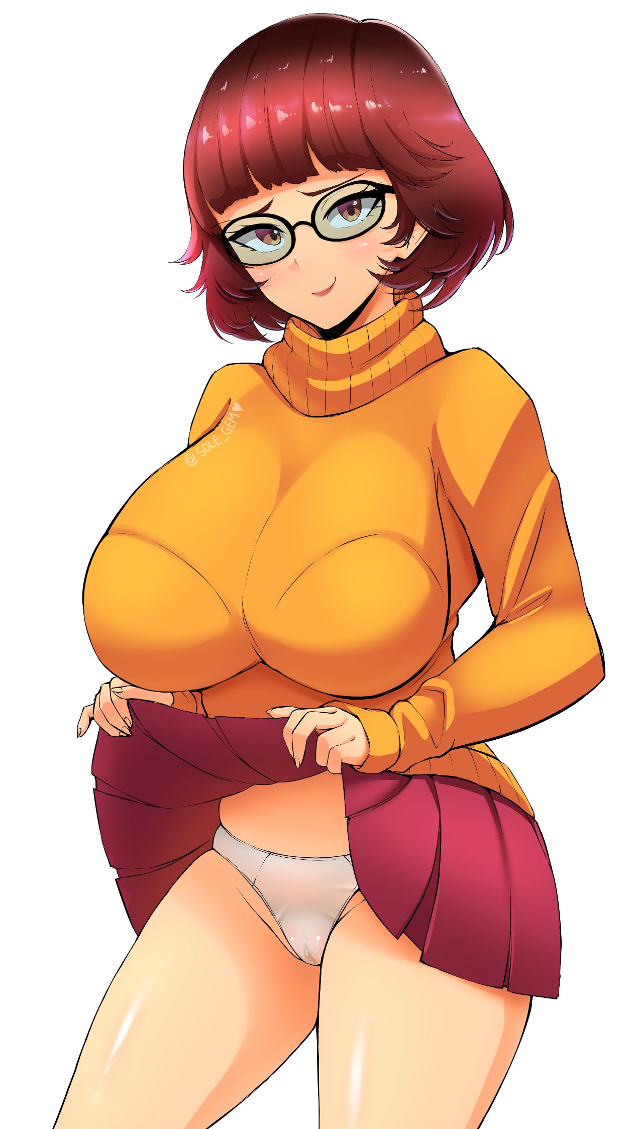 1girls big_breasts bralines brown_eyes brown_hair cameltoe eye_contact female fully_clothed glasses hanna-barbera huge_breasts large_breasts looking_at_viewer medium_hair pale-skinned_female pale_skin panties partially_visible_vulva pussy scooby-doo skirt skirt_lift sole_gem sweater thick_thighs thighs velma_dinkley white_background wide_hips