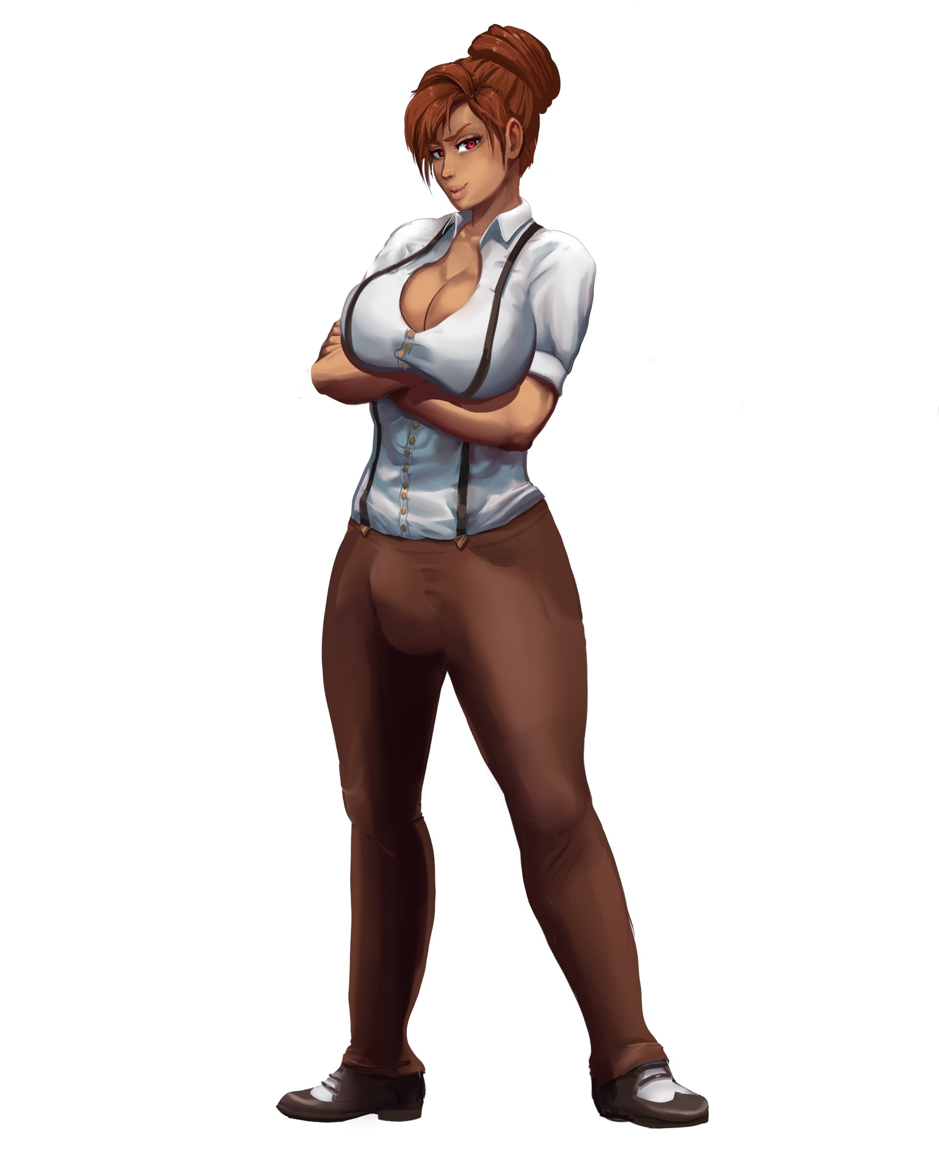 1futa, arms crossed, breasts, bulge, cleavage, dickgirl, futa only, futanari, intersex, looking at viewer, majalis, penis, penis under clothes, solo, tales of androgyny, white background