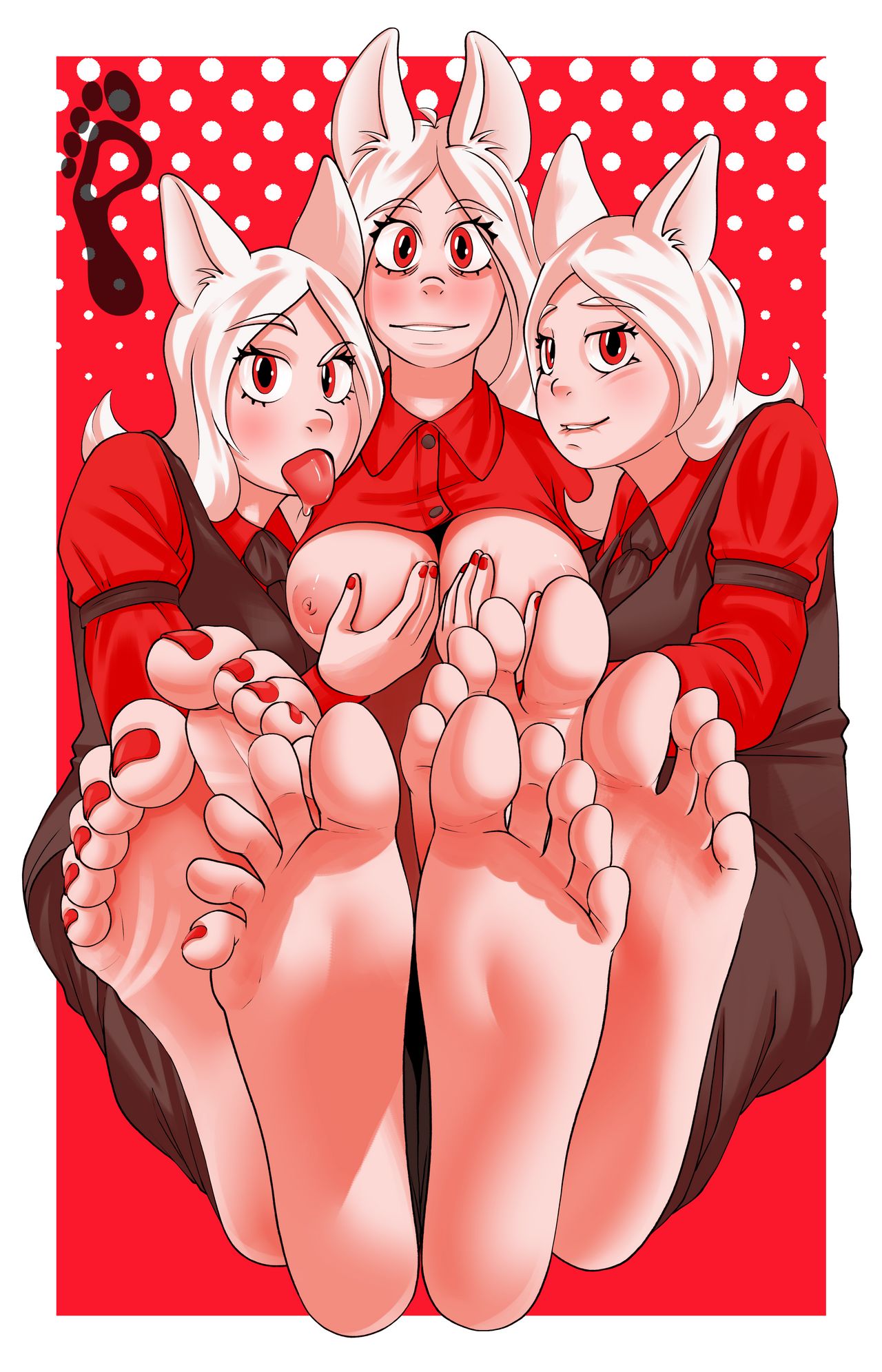 barefoot, blush, breasts, cerberus (helltaker), feet, female, helltaker, looking at viewer, luckyboyfeet, nipples, red eyes, soles, toes, tongue, tongue out