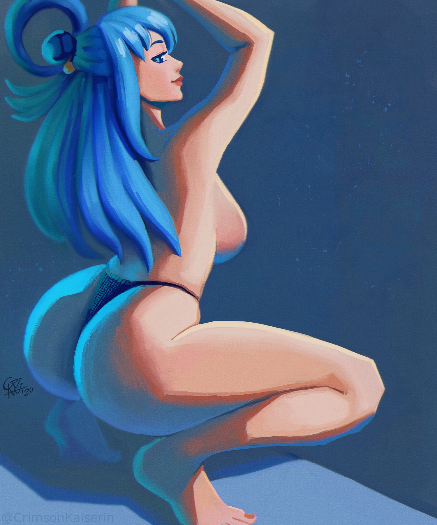 1girls, aqua (konosuba), artist name, artist signature, ass, back view, big ass, blue eyes, blue g-string, blue hair, breasts, crimson kaiserin, facing away, female, female focus, female only, g-string, g-string only, kono subarashii sekai ni shukufuku wo!, long hair, looking at viewer, looking back, sideboob, solo, solo female, solo focus, squatting, thong, topless, watermark
