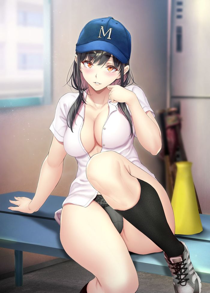 amber eyes, cap, cleavage, club manager (gentsuki), female, female only, gentsuki, lingerie, locker room, looking at viewer, panty, partially clothed, sitting, socks, solo, solo female