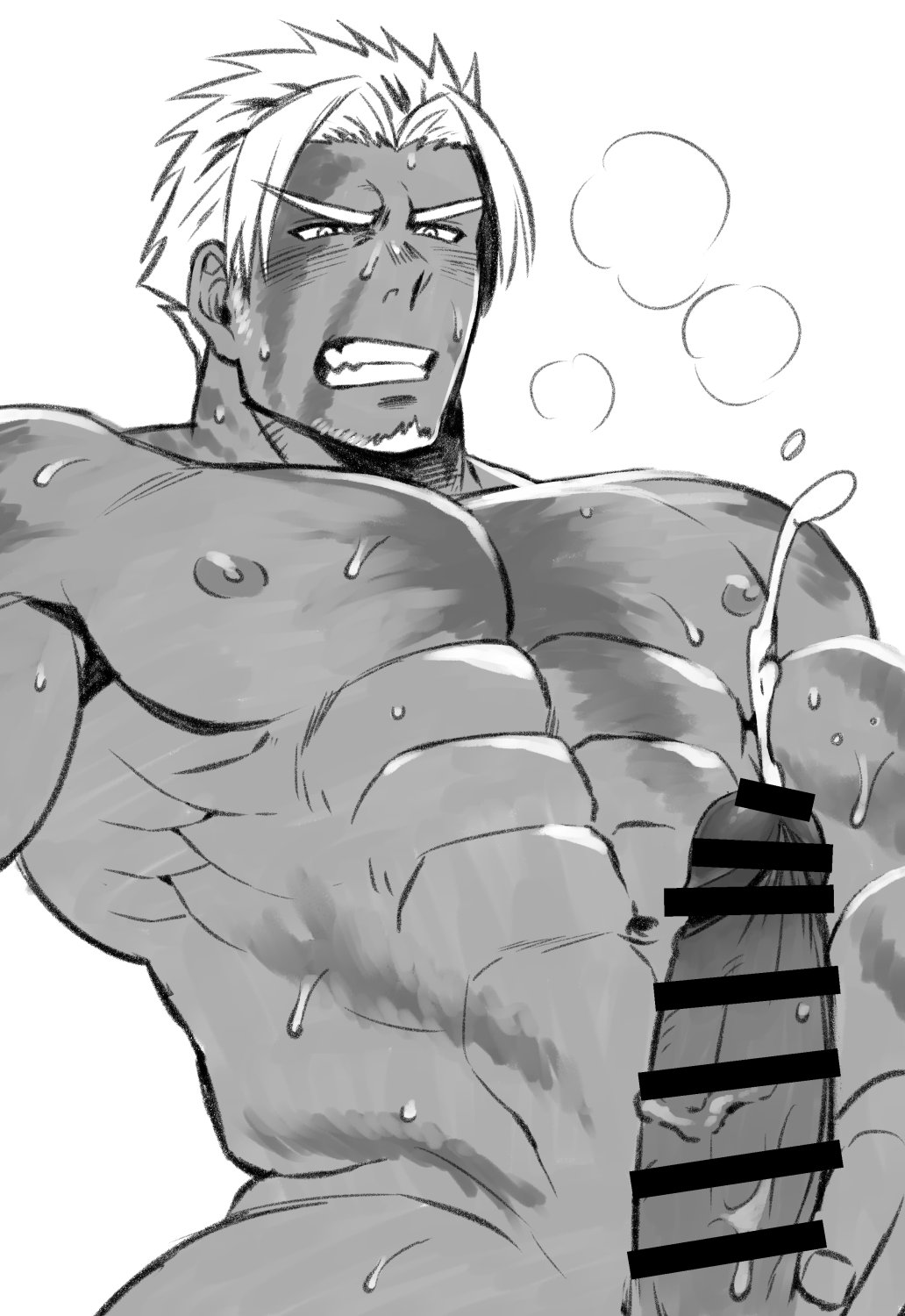 1boy abs bara beard beowulf_(fate) breath censored chest cum ejaculation erection ezaki_papiko facial_hair fate/grand_order fate_(series) greyscale highres male_focus male_only manly monochrome muscle nipples pectorals penis scar solo sweat tattoo upper_body