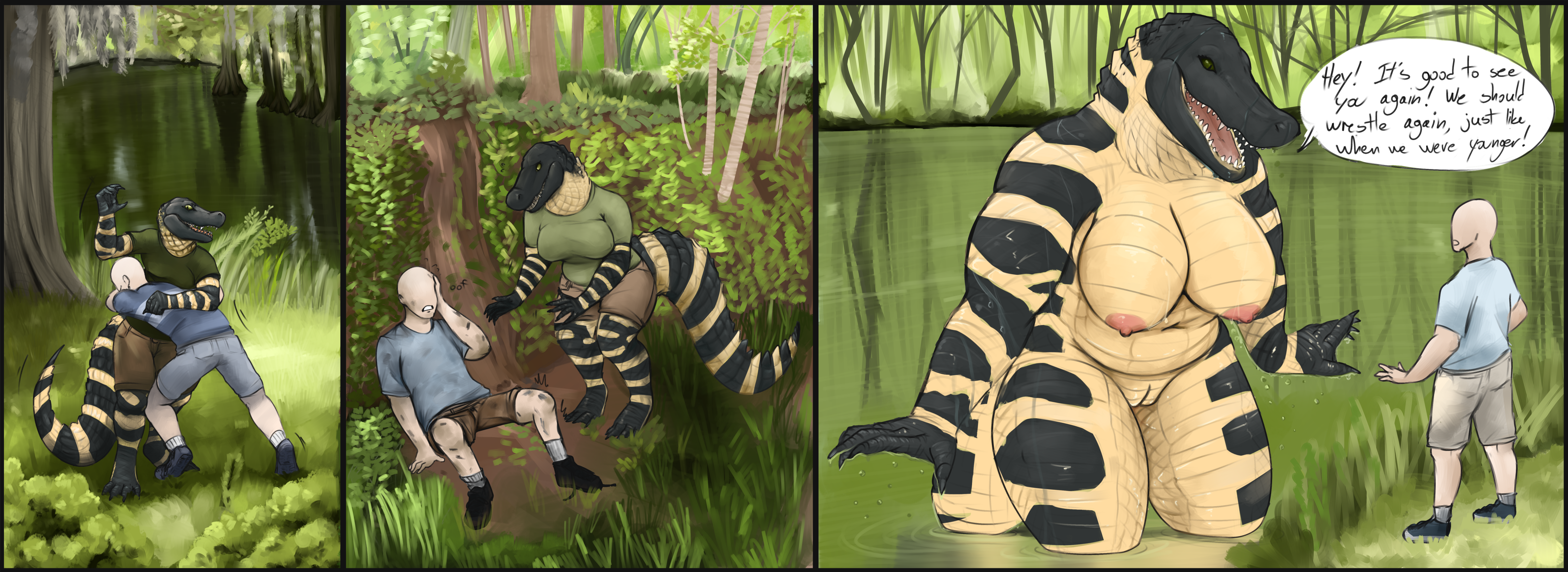absurd res, alligator, alligatorid, anthro, big breasts, breasts, clothed, clothing, crocodilian, dialogue, doctordj, duo, english text, female, genitals, growing, growth, hi res, huge breasts, human, human on anthro, interspecies, larger female, male, male on anthro, mammal, nipples, non-mammal breasts, outside, pussy, reptile, scalie, size difference, slightly chubby, smaller male, straight, swamp, text, thick tail, thick thighs, water, wrestling