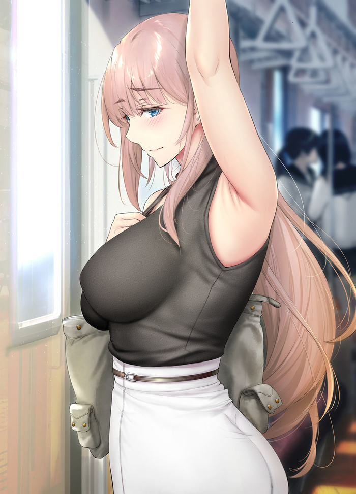 1girls armpits bag big_ass blonde_hair blue_eyes breasts digital_media_(artwork) female gentsuki huge_breasts long_hair looking_at_viewer solo train train_interior