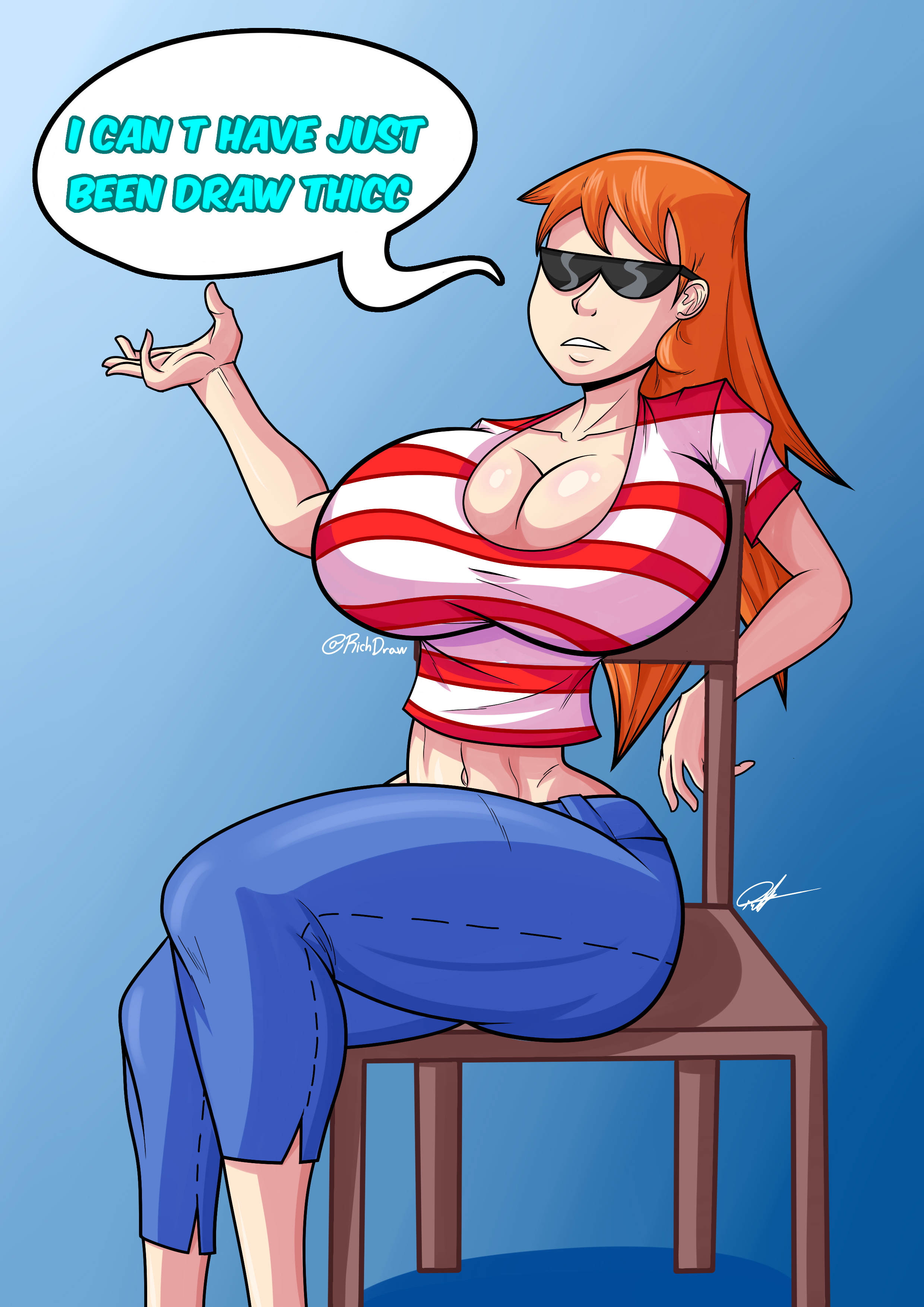 1girls, abs, arm up, arrogant, ass, breasts, chair, cleavage, dee dee replacement, dexter's laboratory, english text, female, female focus, female only, glasses, huge ass, huge breasts, huge thighs, jeans, large breasts, long hair, midriff, navel, orange hair, pants, red hair, redraw, richdraw, seductive, sitting, speech bubble, sunglasses, text, thighs, tinted eyewear