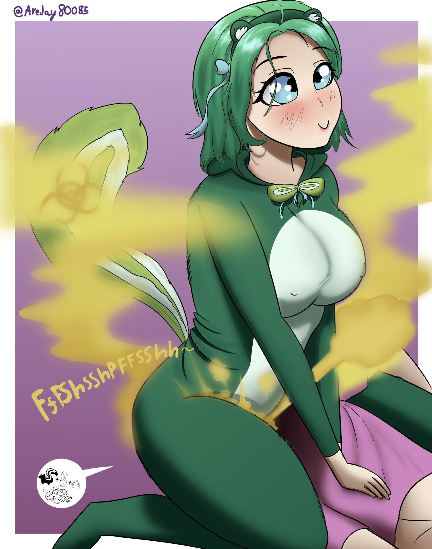 1girls, arejay, big breasts, blue eyes, blush, breasts, emmy (arejay), facesitting, fart, fart cloud, fart fetish, farting, farting in face, female, green hair, headband, nipples visible through clothing, short hair, skunk girl, skunk tail, smile, text, text bubble, thick thighs