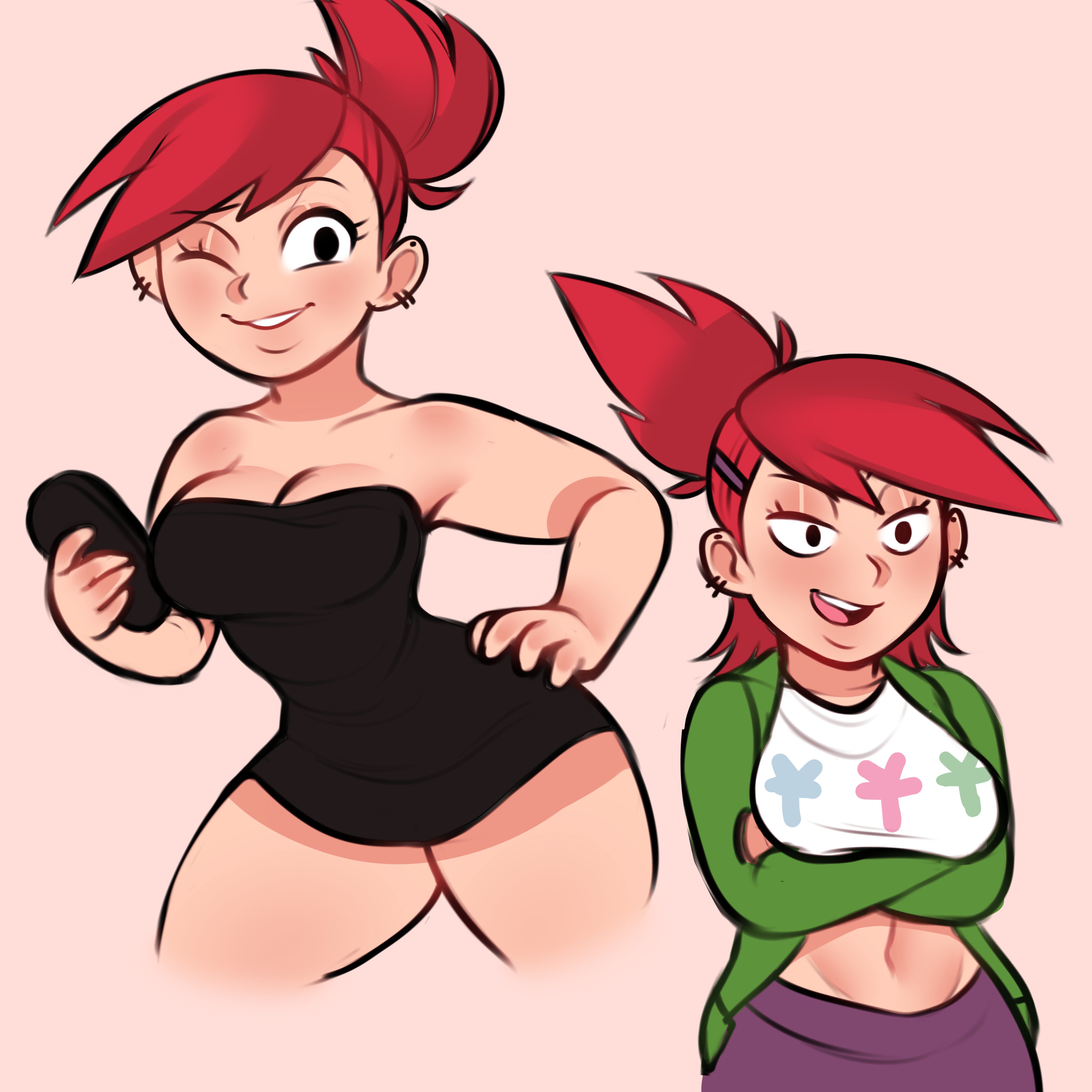 cartoon network, cinnabus, cleavage, ear piercing, female, foster's home for imaginary friends, frankie foster, pierced ears, red hair, smile, solo, tagme, wink