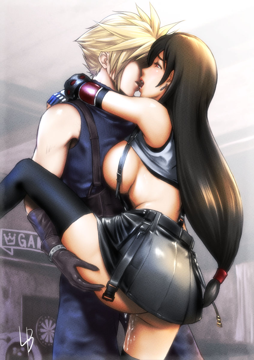 1boy, 1girls, ass, ass grab, big breasts, breasts, cloud strife, female, final fantasy, final fantasy vii, french kiss, hug, kissing, lb (muraihou), leg lift, legs up, male, pussy, pussy juice, shirt lift, sideboob, skirt, square enix, straight, suspenders, thighhighs, tifa lockhart