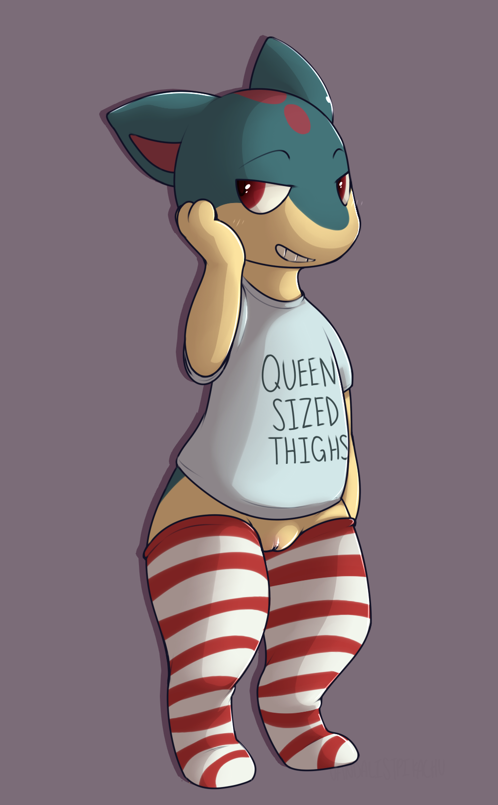 2017 anthro anthrofied biped bottomless cindy_(cindyquilava) clothed clothing english_text female flat_chested fur furry furry_only genitals hi_res legwear looking_off_screen nintendo no_underwear partially_clothed pattern_clothing pattern_legwear pokémon_(species) pokemon pokemon_(species) pussy quilava red_eyes shirt simple_background smile solo standing stockings striped_clothing striped_legwear striped_stockings stripes teeth text thick_thighs thigh_highs topwear vandalistpikachu video_games