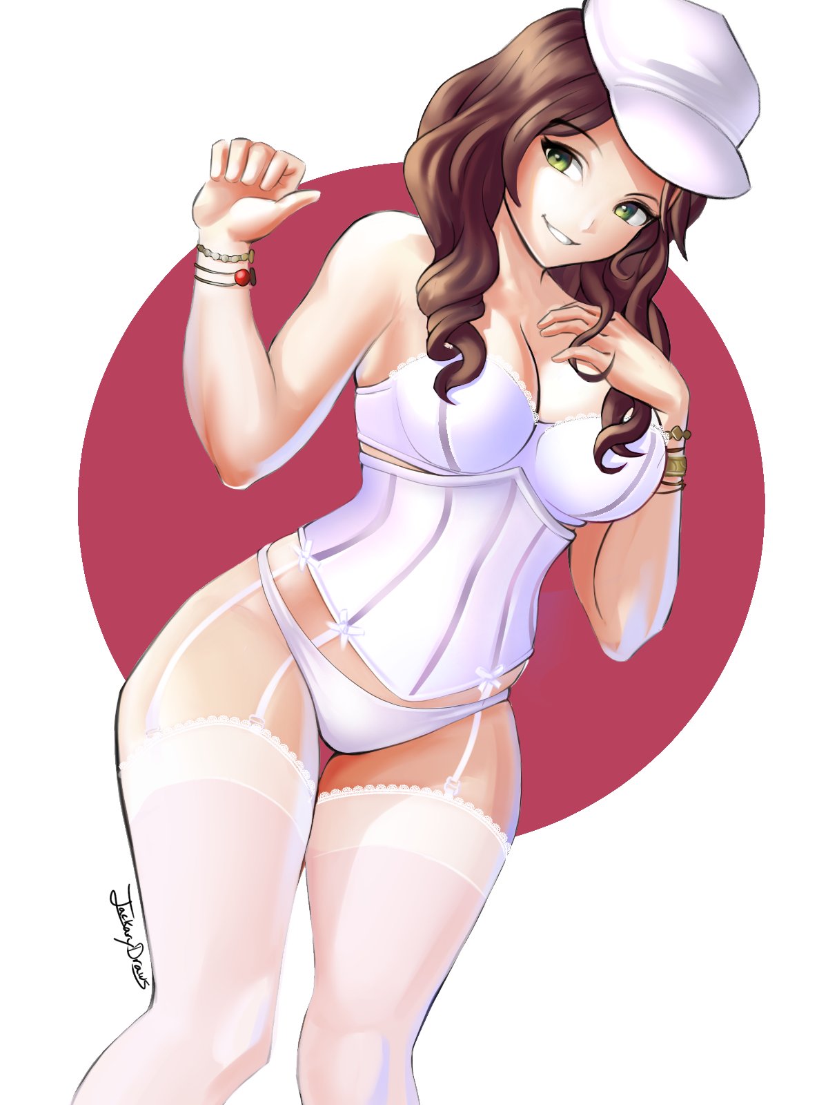 1girls, bare shoulders, breasts, brown hair, bustier, dorothea arnault, female, fire emblem, fire emblem: three houses, green eyes, grin, hat, jackary draws, large breasts, lingerie, long hair, smile, solo, thighhighs, thighs, white lingerie, wide hips