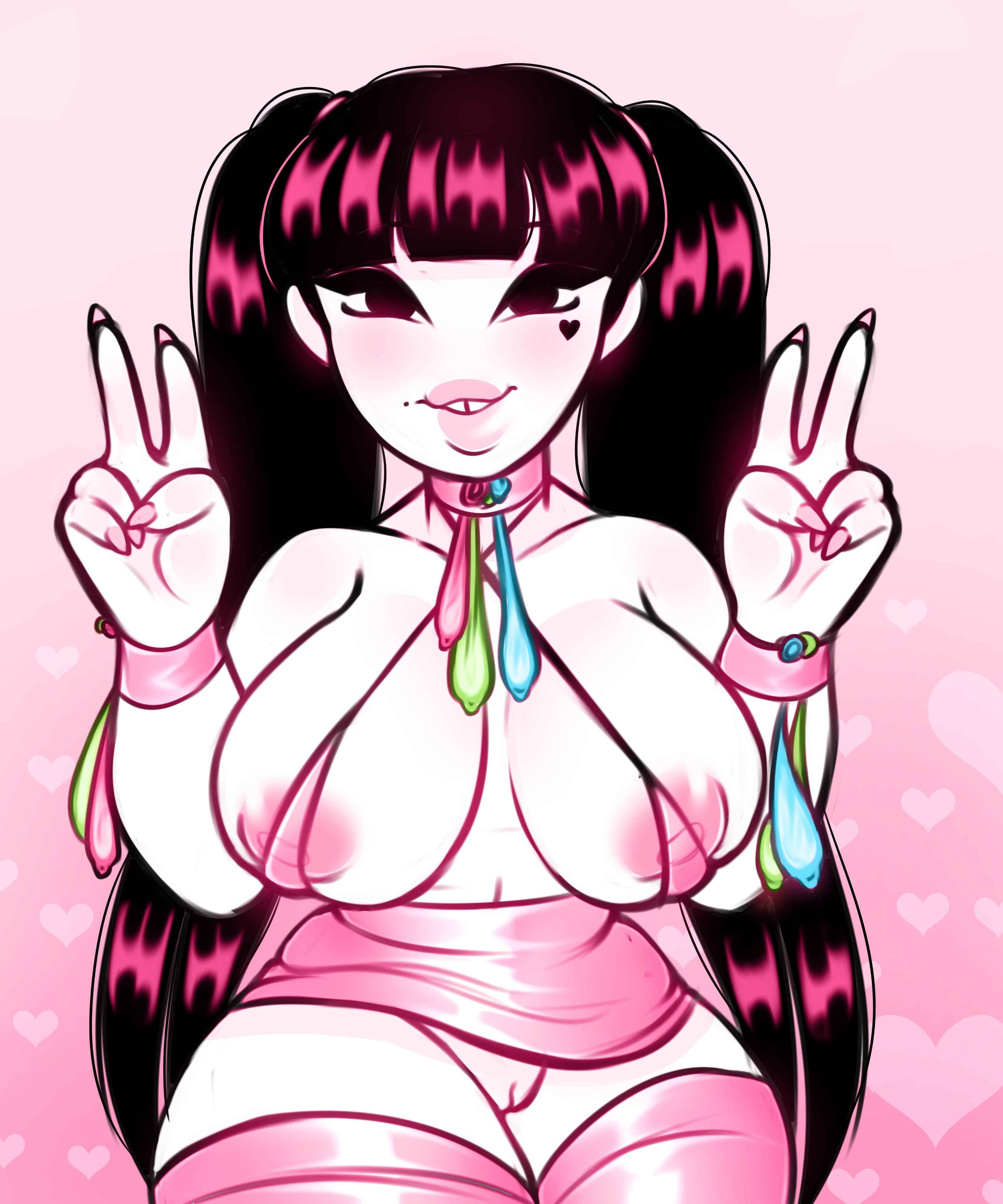 <3, 1girls, areolae, bangs, beauty mark, big breasts, blush, blushing, breasts, buckteeth, busty, choker, cinnabus, condom, condom accessories, condom balloon, condom necklace, dark hair, double v, eyebrows behind hair, female, hair tie, hairtie, heart marking, large breasts, long hair, long nails, looking at viewer, micro bikini top, miniskirt, mole, mole on breast, mouth open, no panties, open mouth, pink areola, pink hair, pink nails, pink nipples, pink skirt, pussy, short skirt, smile, smiling, sona (cinnabus), tagme, thick thighs, thighhighs, tooth gap, twintails, used condom, v, voluptuous, wristbands, wristwear