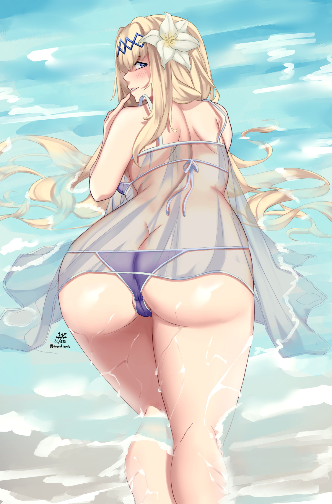 1girls, all fours, ass, bikini, bl/ess, blonde hair, cameltoe, female, female only, flower, flower in hair, granblue fantasy, jeanne d'arc (granblue fantasy), long hair, looking back, partially submerged, pussy, rear view, see-through, see-through clothing, skimpy, solo, water