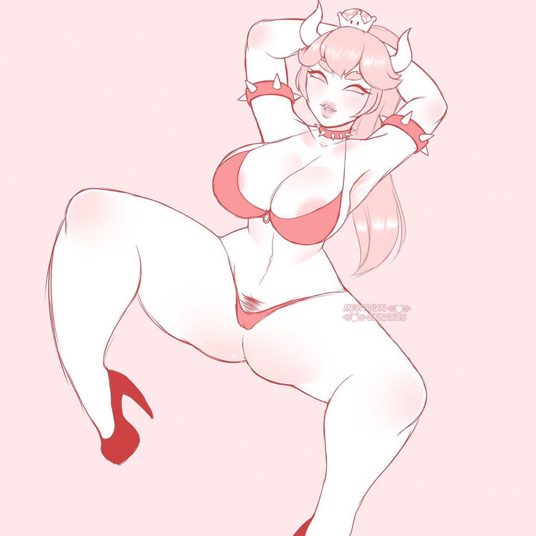 alternate species, areolae, bikini, bowser, bowsette, cinnabus, crown, genderswap, genderswap (mtf), high heels, horns, humanized, long hair, looking at viewer, mario (series), monochrome, new super mario bros. u deluxe, nintendo, no nose, personification, ponytail, pubic hair, rule 63, super crown, tagme, thick thighs, thighs