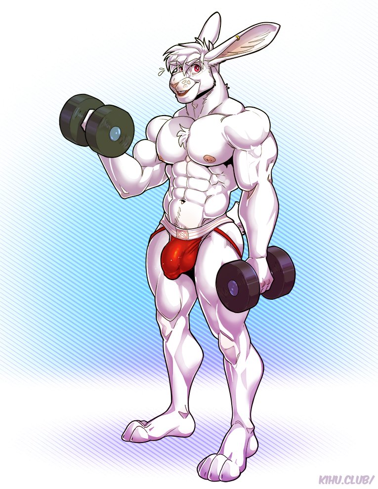 2020 abs abstract_background alvcard anthro barazoku bicep_curl biceps bulge chest_tuft clothing dumbbell ear_piercing ear_ring exercise hair jockstrap kihu lagomorph leporid looking_at_viewer male male_only mammal muscular muscular_anthro muscular_male navel nipples pecs piercing rabbit simple_background smile solo solo_male standing tuft underwear weightlifting weights workout