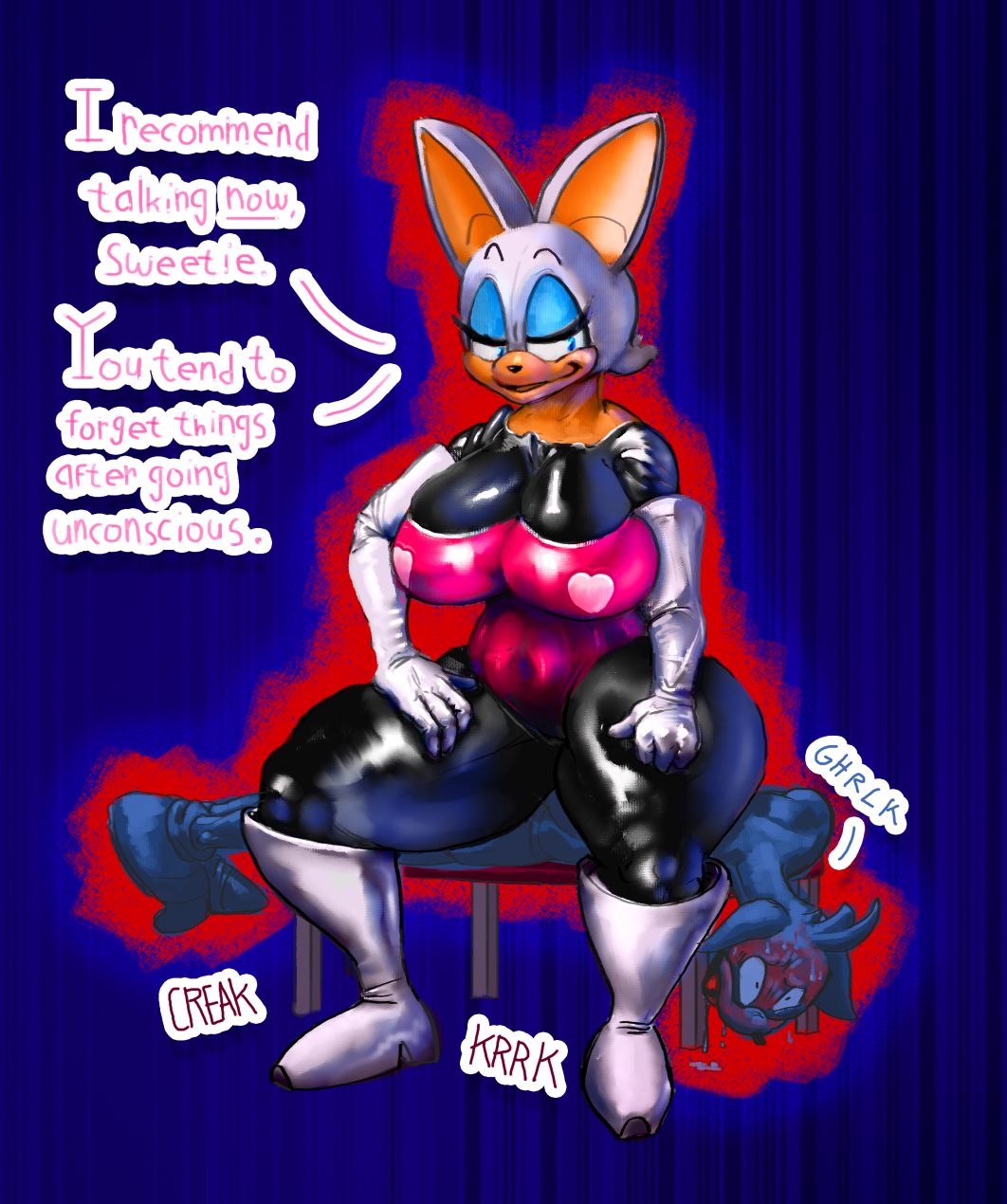 asphyxiation ball_gag boots breathplay buttcrush conadolpomp elbow_gloves femdom gloves large_breasts latex latex_boots latex_gloves latex_suit rouge_the_bat shiny sitting_on_person sonic_(series) sonic_the_hedgehog thick_thighs thigh_squish