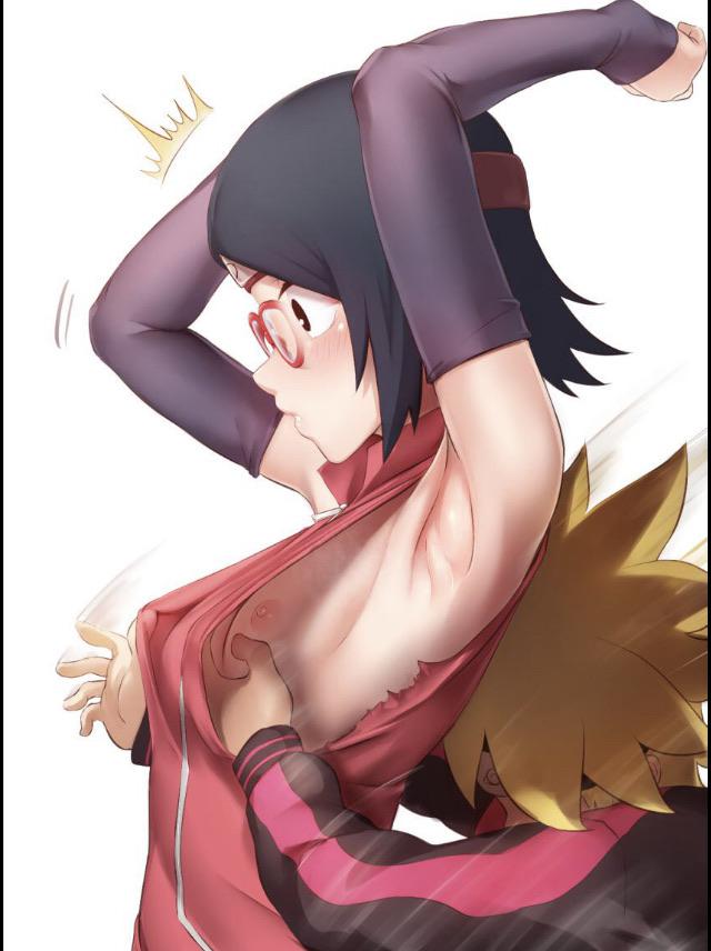 1boy 1girls accidental_exposure areolae arms_up artist_request assisted_exposure black_eyes black_hair blush boruto:_naruto_next_generations breast_grab breasts clothing falling female glasses grabbing_from_behind lying_on_person naruto naruto_(series) nipples ripped_clothing sarada_uchiha slipping small_breasts surprised upper_body uzumaki_boruto yellow_hair