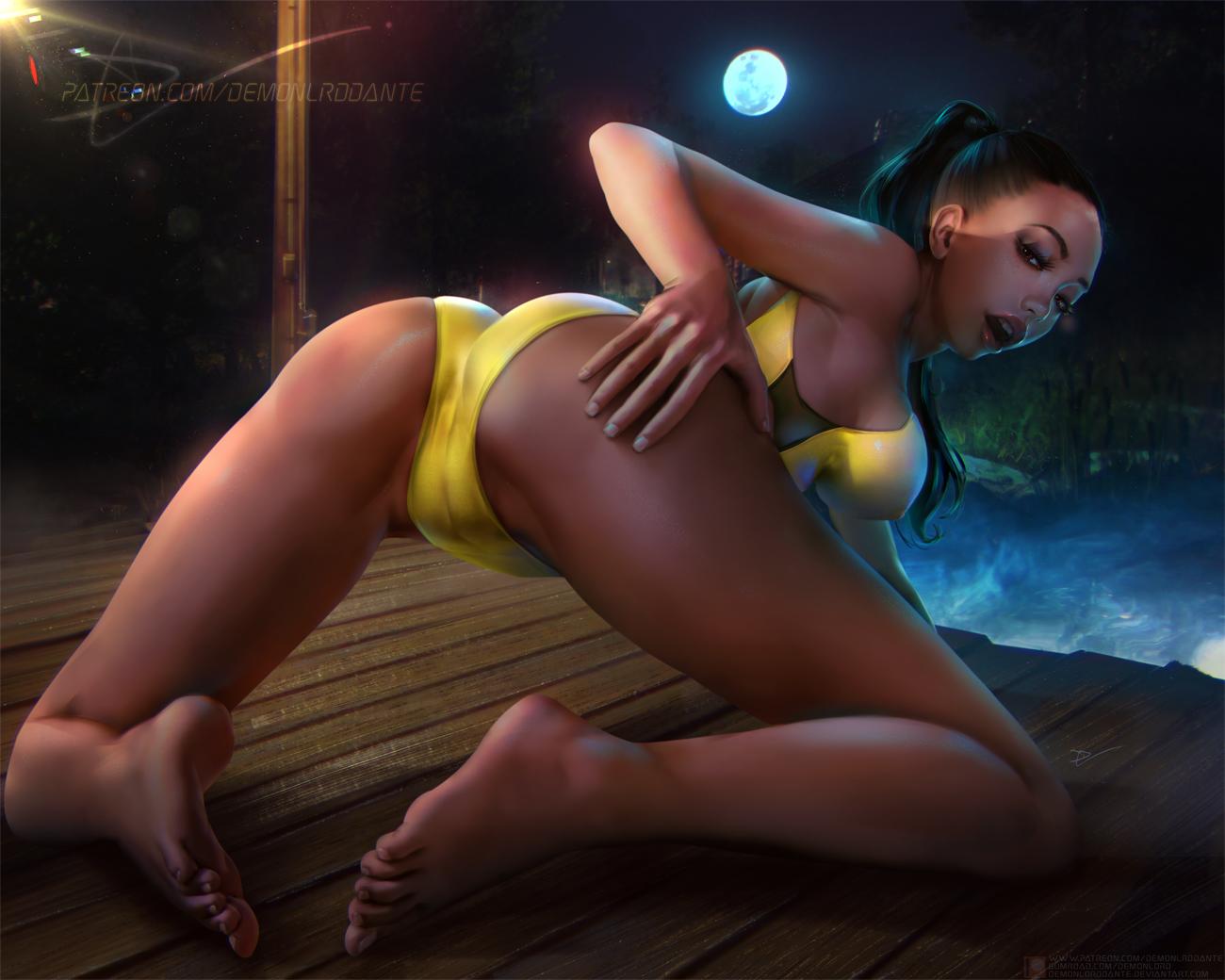 all fours, arm support, ass, back view, barefoot, black hair, brown eyes, cameltoe, dark skin, dark-skinned female, demonlorddante, feet, female, friday the 13th, friday the 13th: the game, hand on ass, lake, long hair, looking back, moon, naughty face, night, one-piece swimsuit, open mouth, outdoors, partially visible vulva, ponytail, pussy, realistic, sky, solo, solo focus, spread legs, swimsuit, vanessa jones, water