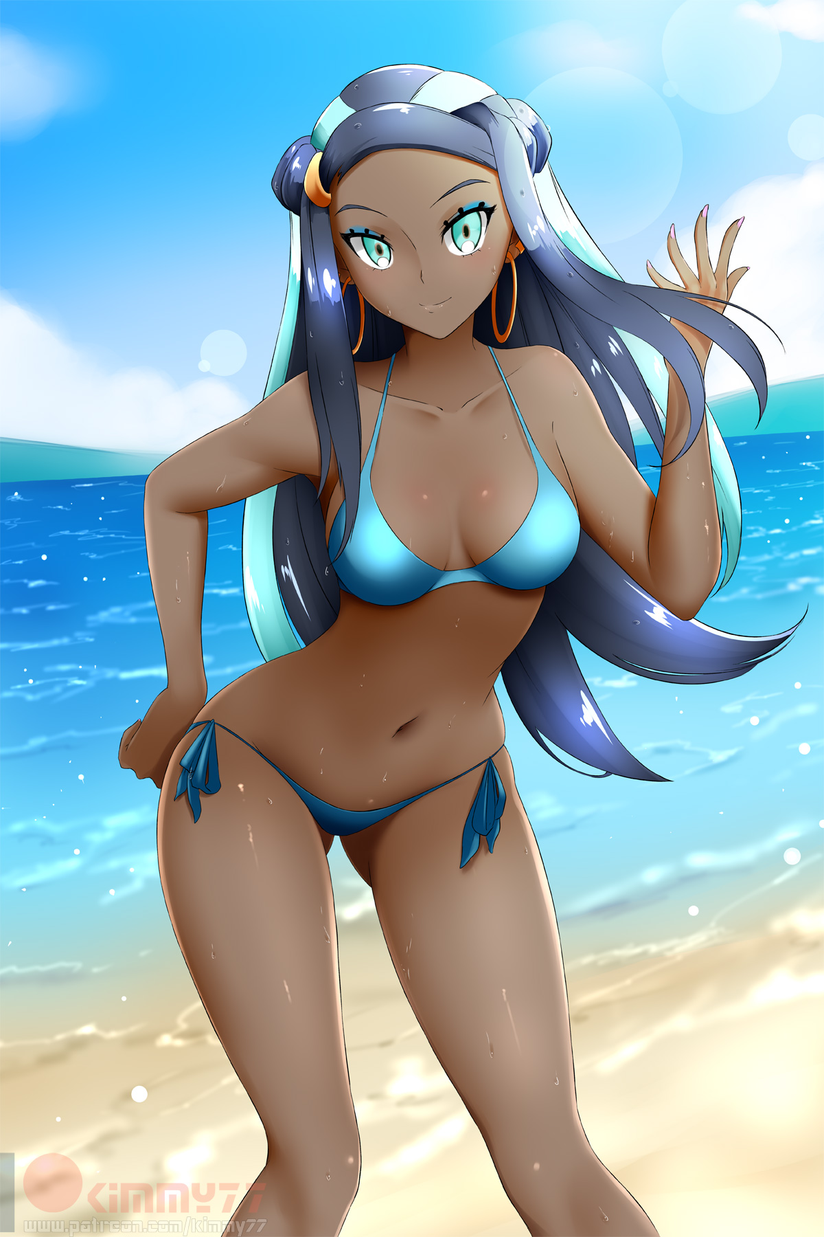 1girls, bikini, breasts, dark skin, dark-skinned female, female, female only, human, kimmy77, looking at viewer, nessa (pokemon), pokemon, pokemon ss, solo
