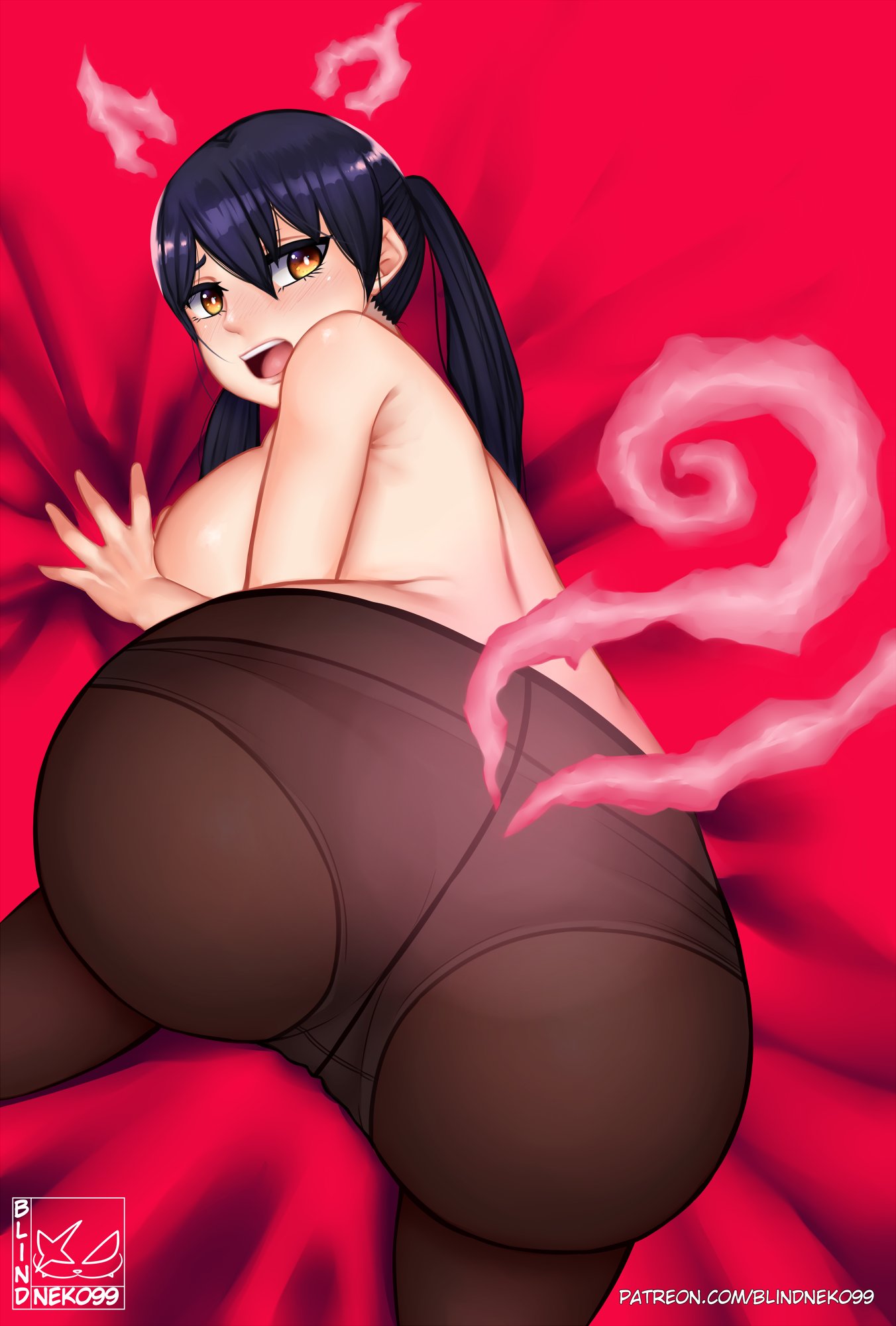 animal ears, ass, back view, black hair, blindneko99, blush, cat ears, color, enen no shouboutai, fire force, kotatsu tamaki, open mouth, panties, panties under pantyhose, pantyhose, tagme, twintails, white panties, yellow eyes