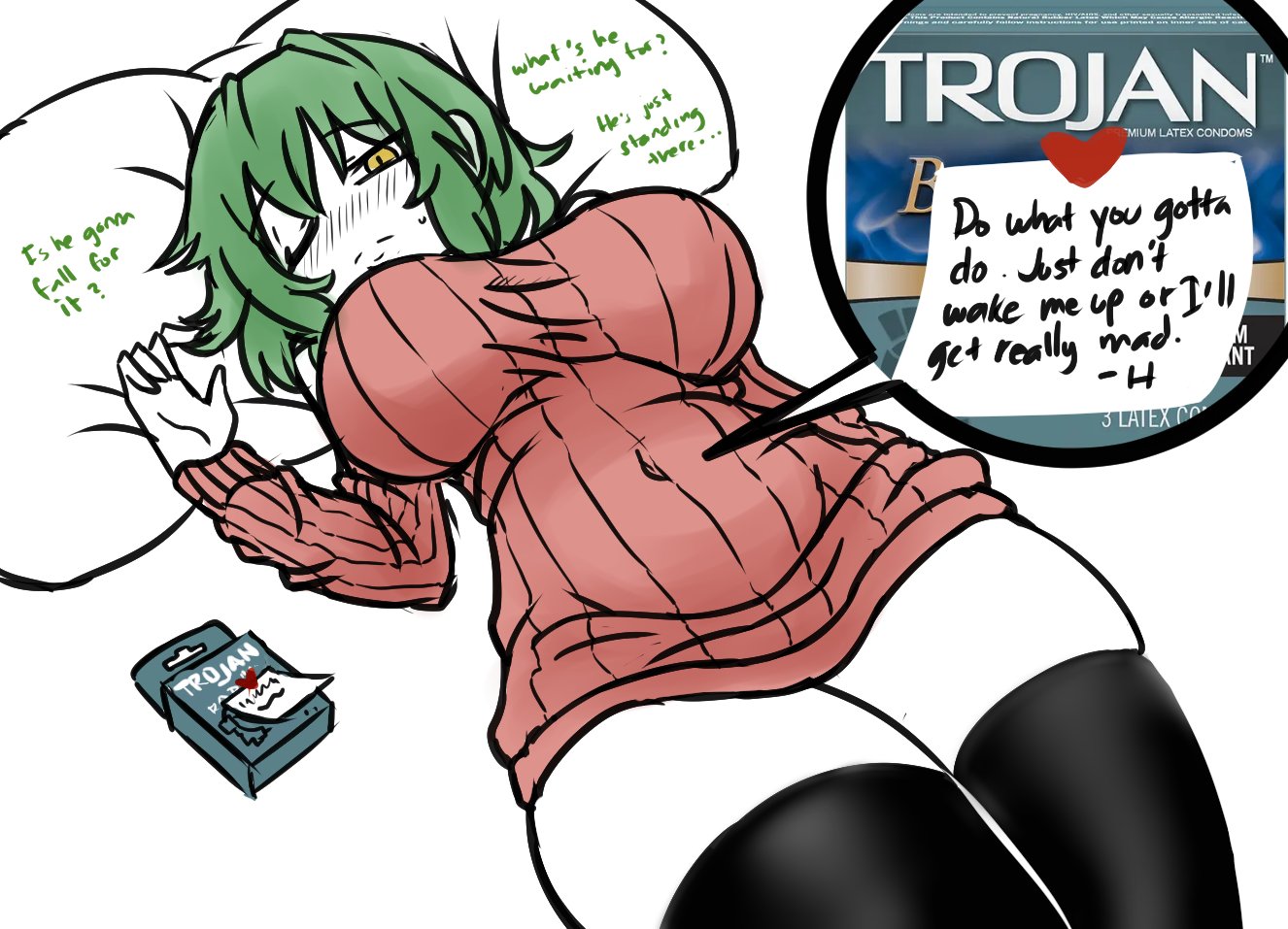 1girls, belly button, big breasts, black legwear, black thighhighs, blush, breasts, condom, deculture, female, hikage (senran kagura), huge breasts, large breasts, legs together, lying, lying on back, magicalgirlnoir, on back, on bed, one eye closed, pillow, senran kagura, shirt, sleeping, solo, solo female, sweater, text, thick thighs, thighhighs, thighs, wide hips, yellow eyes