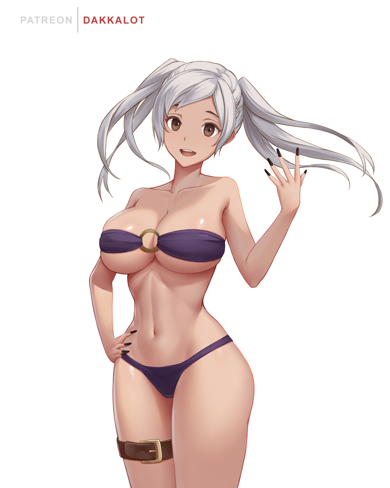 bikini black_nails dakkalot female female_only fire_emblem fire_emblem_awakening fire_emblem_heroes large_breasts long_hair nintendo robin_(female)_(summer)_(fire_emblem) robin_(fire_emblem) robin_(fire_emblem)_(female) solo solo_female solo_focus swimsuit thick_thighs twintails white_hair wide_hips