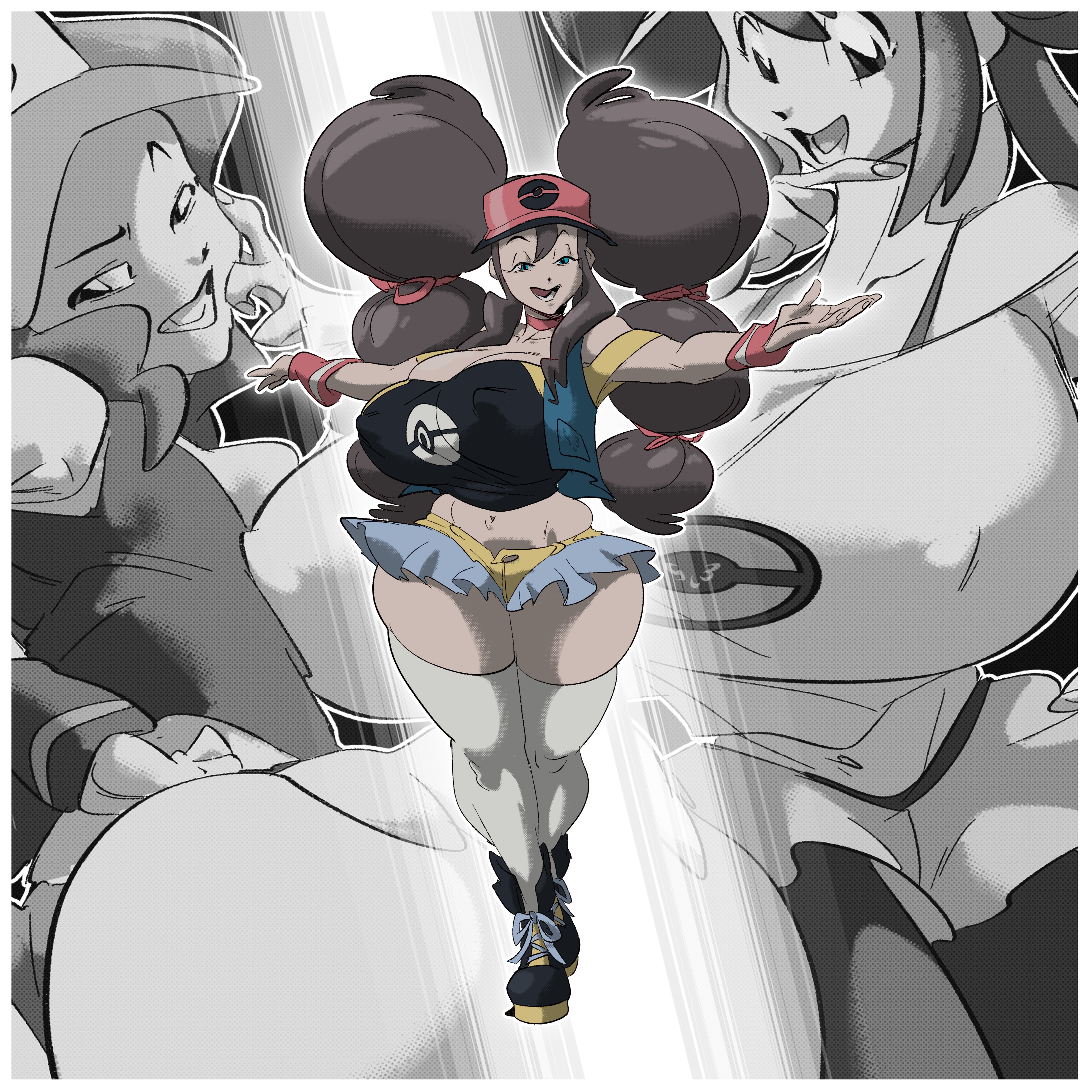 big breasts, blue eyes, breasts, brown hair, female, female only, fusion, hilda (pokemon), human, long hair, nintendo, nipples, nipples visible through clothing, pokemon, pokemon bw, pokemon bw2, rosa (pokemon), rosilda, slb, solo, solo female, solo focus, thighhighs