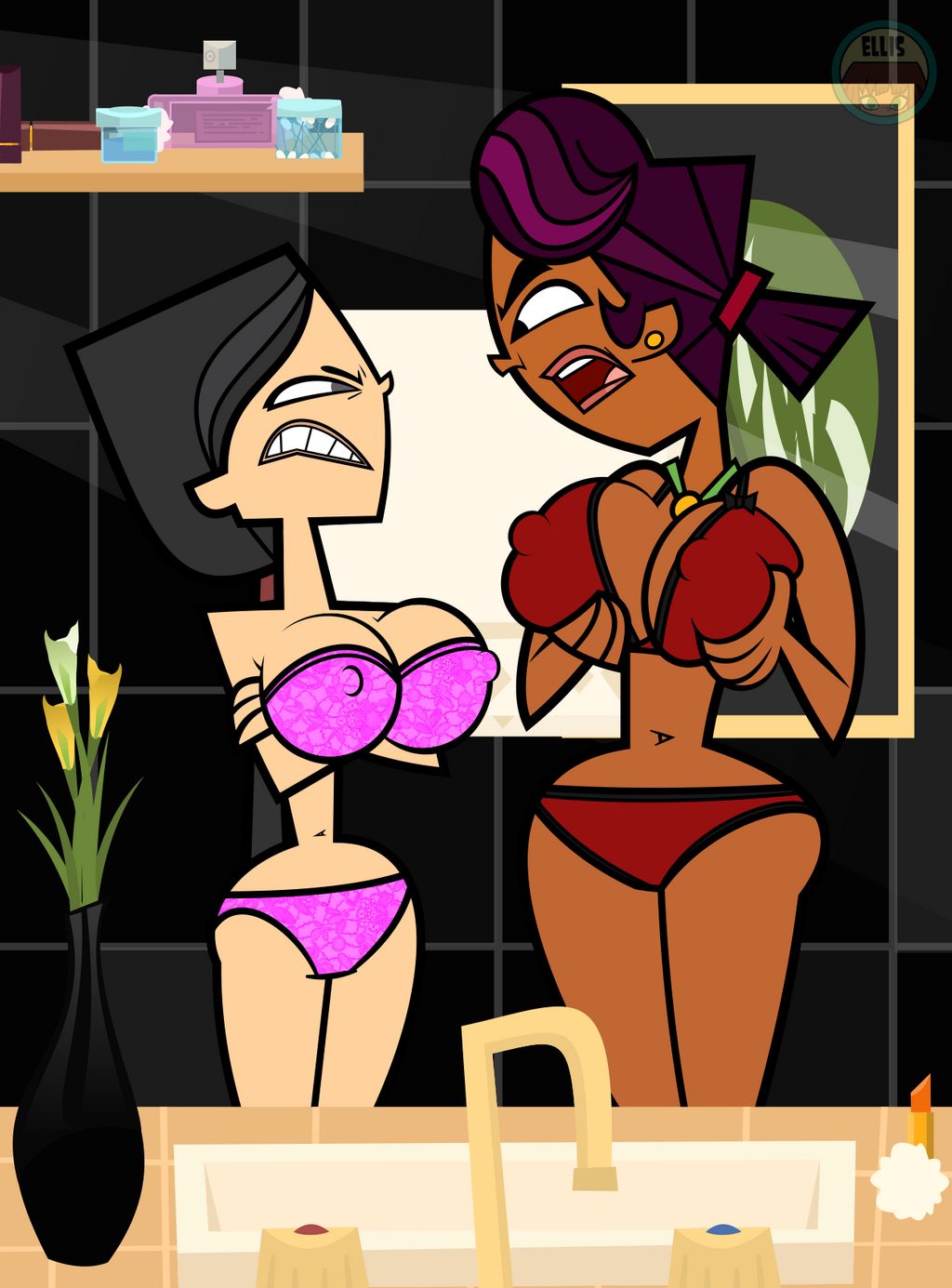 2girls accurate_art_style angry bathroom belly_button big_breasts bra breast_grab breast_squeeze breasts cleavage dark-skinned_female dark_hair dark_skin elinor_the_witch ellissummer erect_nipples female female_only heather_(tdi) hornyhobbit large_breasts looking_annoyed mother-of-trolls necklace nipples panties purple_hair sierra_(tdi) total_drama_island underwear