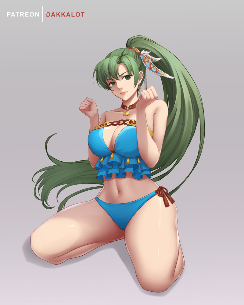 1girls alternate_costume bikini blue_bikini blue_swimsuit breasts choker dakkalot feather_hair_ornament female female_only fire_emblem fire_emblem:_the_blazing_blade fire_emblem_heroes green_eyes green_hair hair_ornament kneeling large_breasts long_hair looking_at_viewer lyn_(fire_emblem) lyn_(summer)_(fire_emblem) midriff navel nintendo official_alternate_costume ponytail side-tie_bikini side-tie_swimsuit solo swimsuit