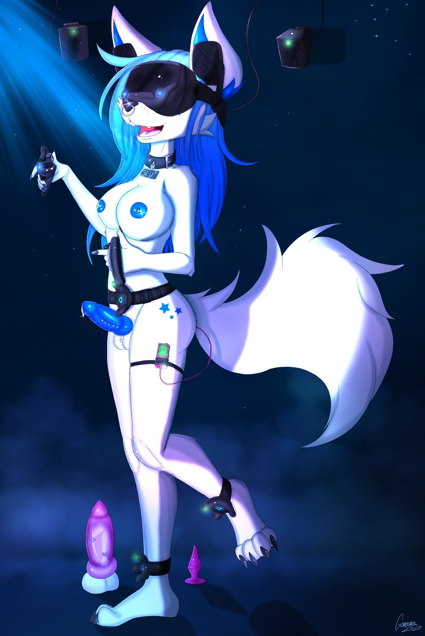 anthro arctic_fox blue_hair breasts buttplug canid canine collar dildo erection facial_piercing fox fur futa_only futanari gamermac genital_piercing genitals hair hi_res htc_vive intersex mammal nipple_piercing nipples nose_piercing penis penis_piercing piercing raechel_jagger sex_toy solo solo_futa valve vibrator_in_ass video_games vr_headset white_body white_fur