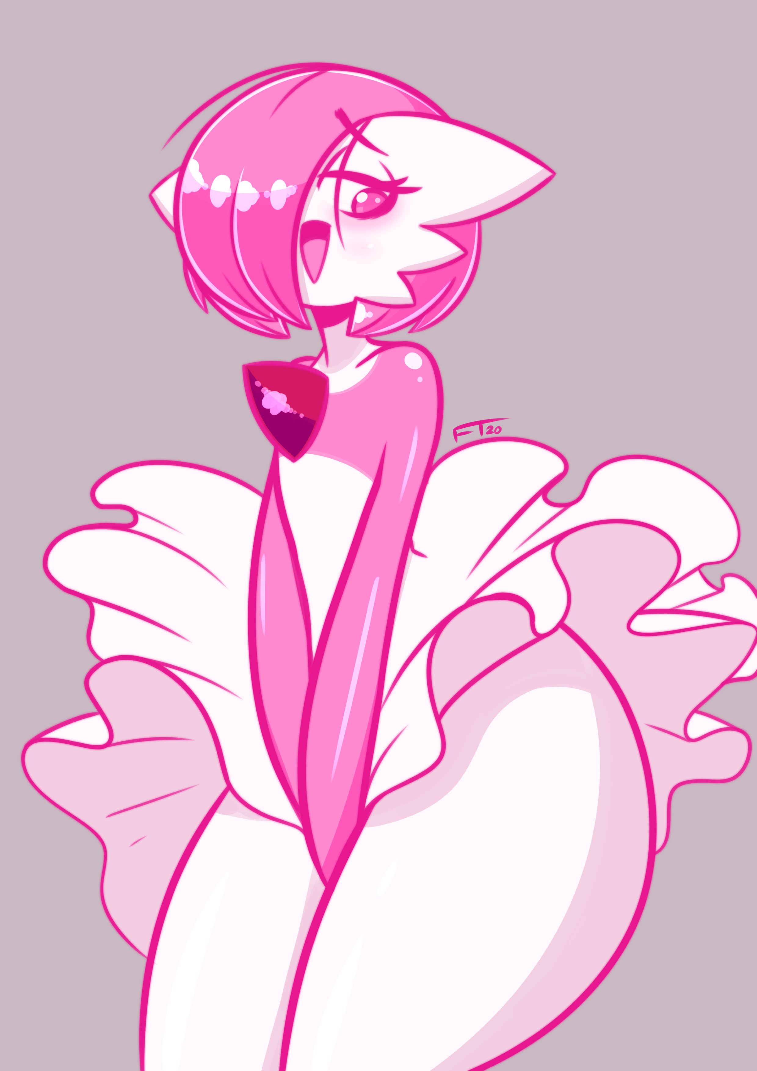 1boy, 2020, alternate skin color, androgynous, anthro, anthrofied, dated, femboy, flat chest, frowntown, gardevoir, huge thighs, humanoid, male, male gardevoir, male only, male pokemon, nintendo, original character, pink (frowntown), pink eyes, pink skin, pokemon, pokemon (species), pokemon rse, skirt lift, solo, solo male, thick thighs, thighs, white skin, wide hips