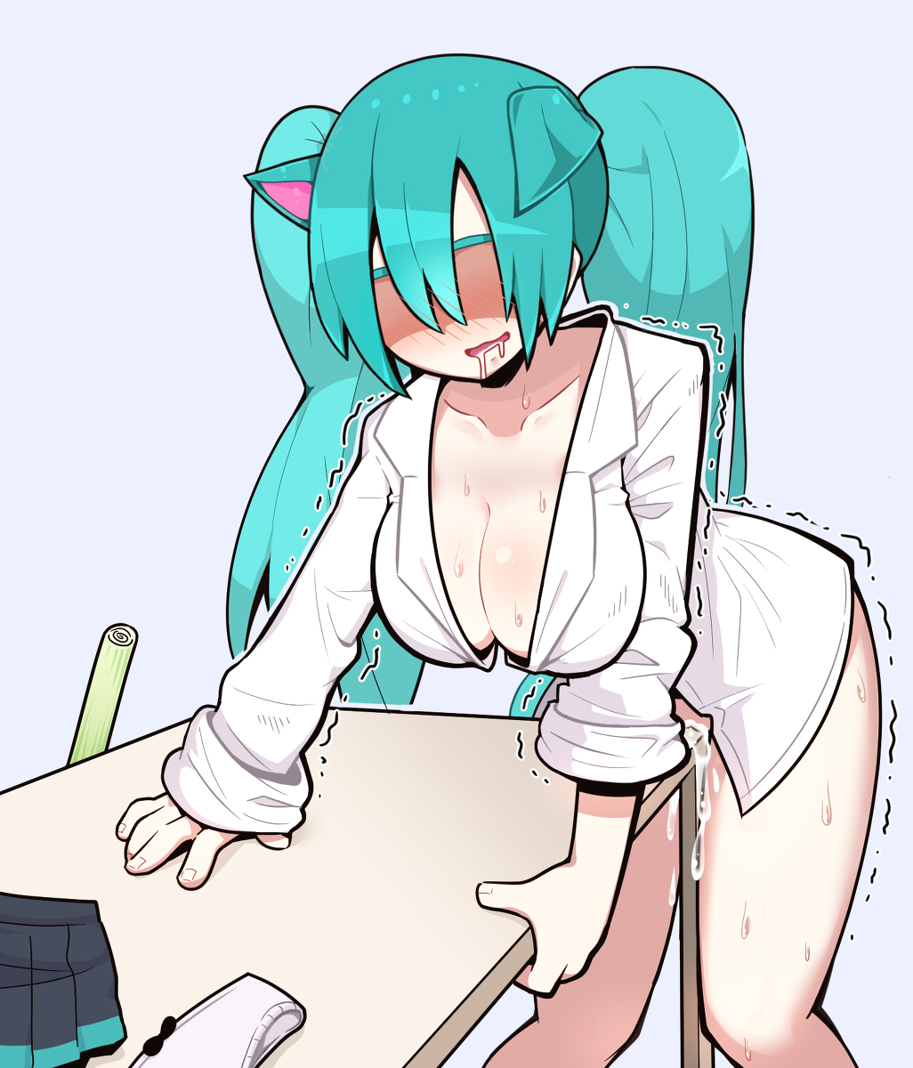 1girl, animal ears, aqua hair, blush, bottomless, breasts, cat ears, cleavage, corner masturbation, crotch rub, drooling, everyday2, female, female masturbation, female only, hatsune miku, large breasts, long hair, masturbation, open mouth, panties, panties removed, pussy juice, saliva, shirt, simple background, skirt, skirt removed, solo, spring onion, sweat, table, table humping, tagme, trembling, twintails, underwear, vocaloid, white shirt