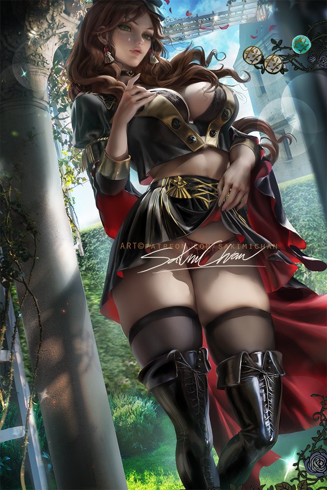 1girls, boots, bra, brown hair, detailed background, dorothea arnault, female, fire emblem, fire emblem: three houses, green eyes, lifted by self, lingerie, lips, looking at viewer, midriff, panties, pantyshot, red panties, sakimichan, skirt, skirt lift, solo, thick lips, thick thighs, thighhighs, unbuttoned, underwear, undressing