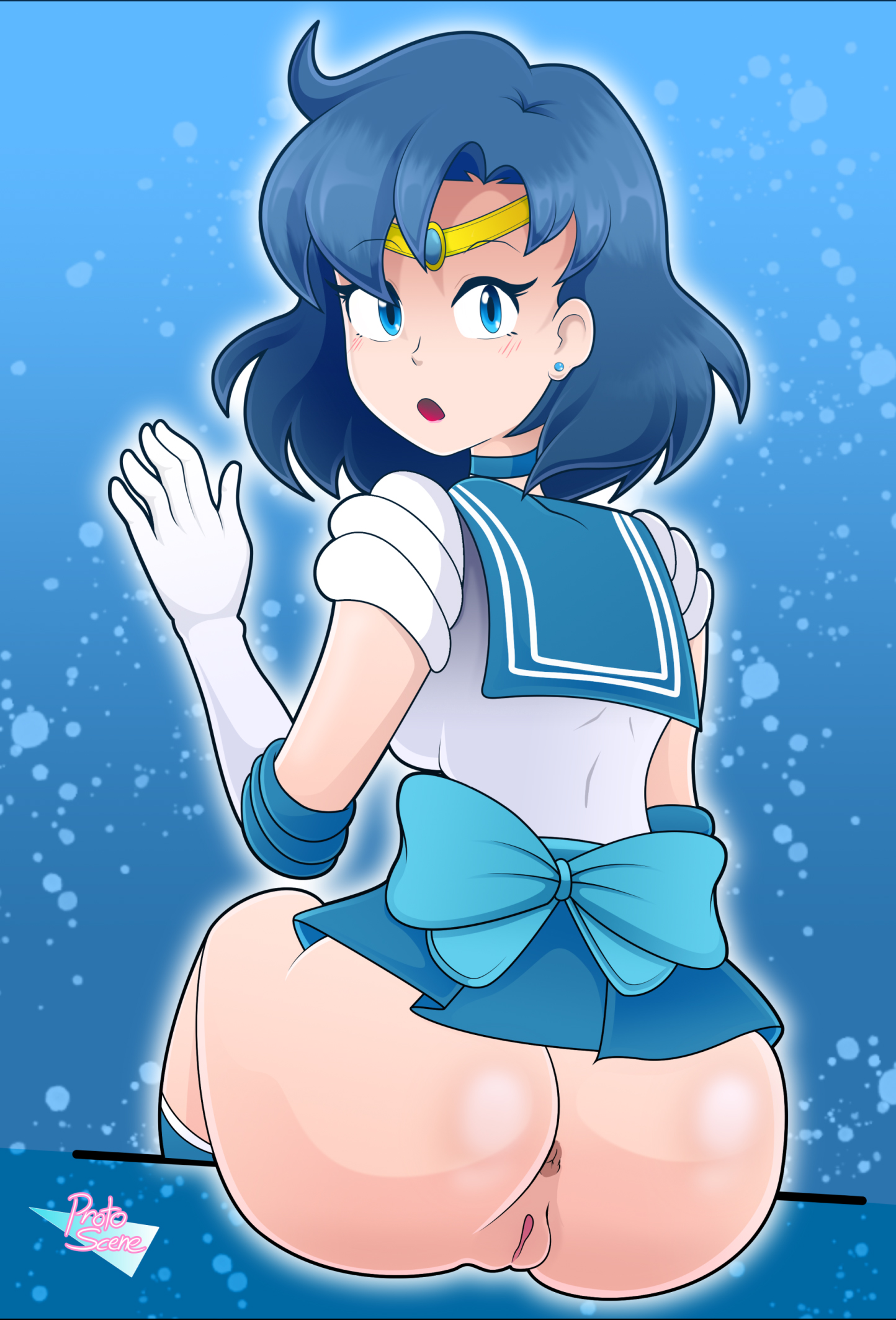 1girls, ami mizuno, anus, ass, big ass, big breasts, big butt, bimbo, bishoujo senshi sailor moon, blue eyes, blue hair, breasts, bubble ass, bubble butt, busty, clothing, female, female only, large ass, light skin, light-skinned female, miniskirt, no panties, pale skin, pale-skinned female, protoscene, sailor mercury, short blue hair, skirt, solo, solo female, solo focus, teenager, thick ass
