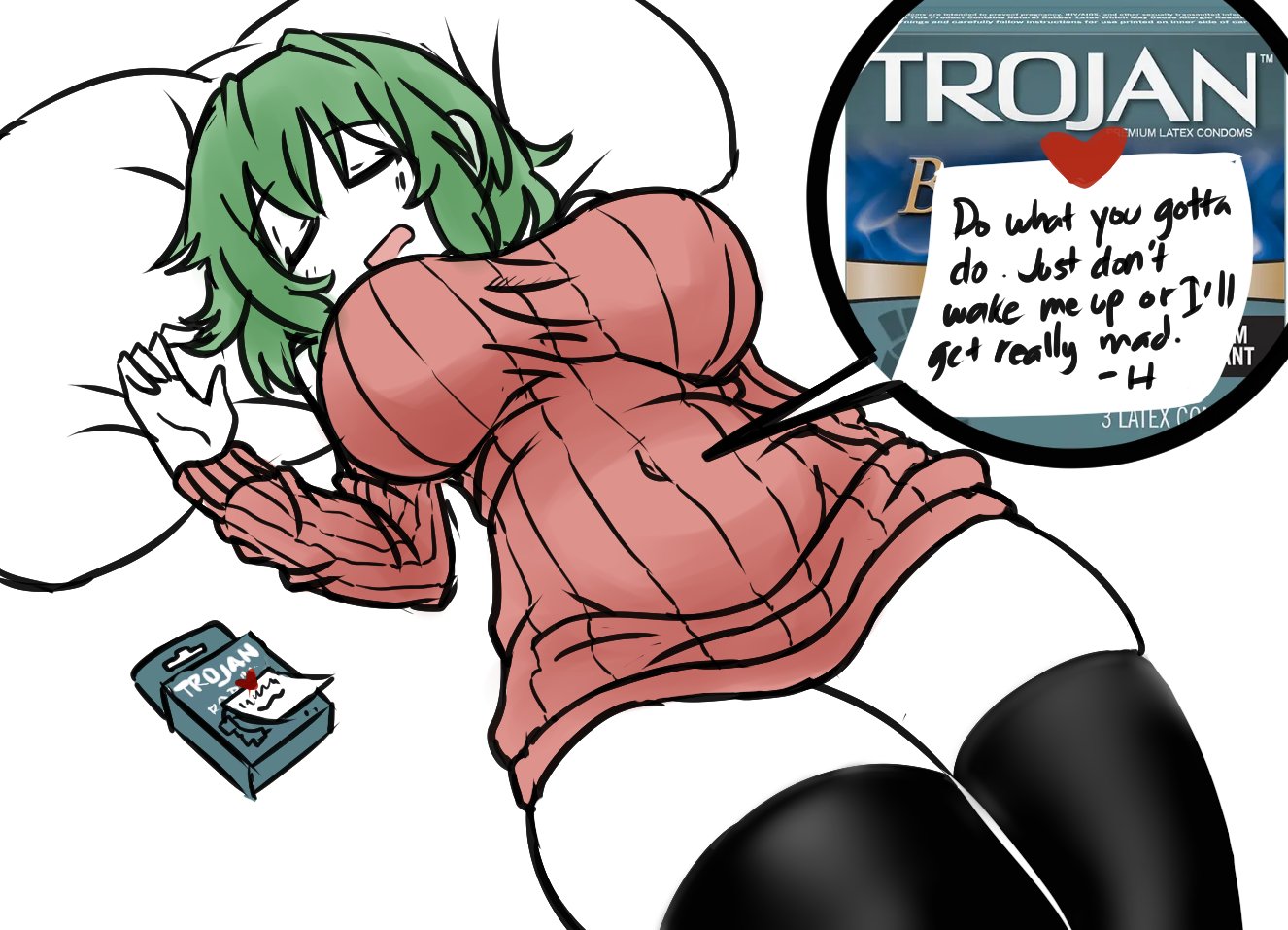 1girls, belly button, big breasts, breasts, condom, deculture, female, hikage (senran kagura), huge breasts, large breasts, lying, lying on back, magicalgirlnoir, on back, on bed, open mouth, pillow, senran kagura, sleeping, solo, solo female, sweater, text, thick thighs, thighhighs, thighs, wide hips