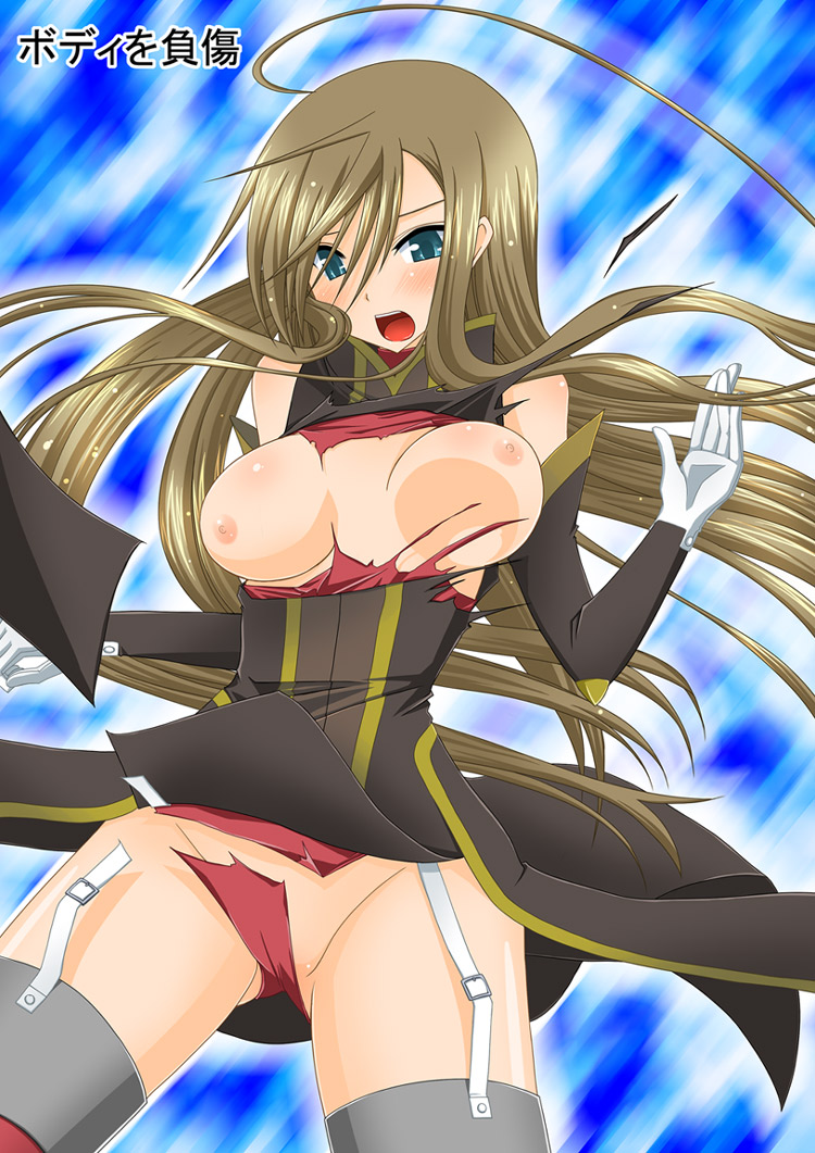 1girls aqua_eyes blush breasts brown_hair embarrassed female female_only garter_belt garters gloves large_breasts long_hair lost_clothes open_mouth panties tales_of_(series) tales_of_the_abyss tear_grants thighhighs torn_clothes underwear valssu very_long_hair wardrobe_malfunction