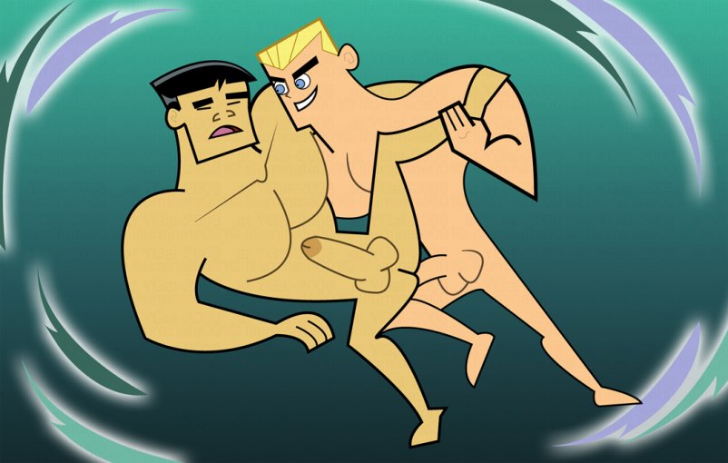 2boys anal anal_penetration anal_sex balls black_hair blue_eyes cartoony closed_eyes danny_phantom dash_baxter erect_penis erection gay grimace jock kwan leg_lift legs_held_open light_skin male male_only naked no_nipples retracted_foreskin smile spread_legs standing_sex uncut yaoi yellow_hair