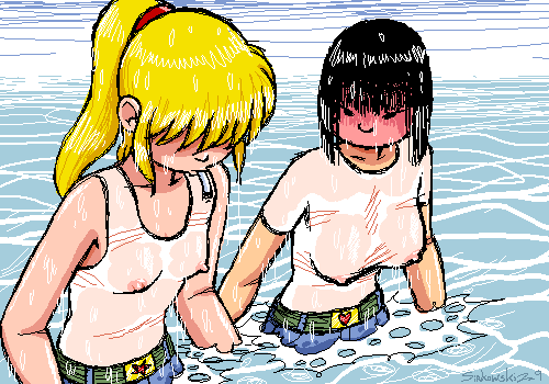 2girls big_breasts blackie_chin blush blushing breasts cleavage duo eva_sirkowski female female_only human miss_dynamite multiple_girls nipples nude nudity partial_nudity sirkowski webcomic wet wet_hair wet_t-shirt