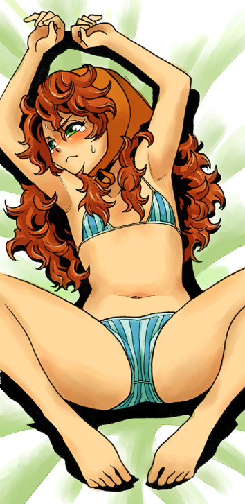 arms_up barefoot bikini blue_swimsuit blush bonnet brown_hair curly_hair dragon_quest dragon_quest_vii embarrassed feet flat_chest green_eyes hood long_hair lying maribel micro_bikini midriff mimonel mimoneru spread_legs striped striped_bikini striped_swimsuit sweat swimsuit