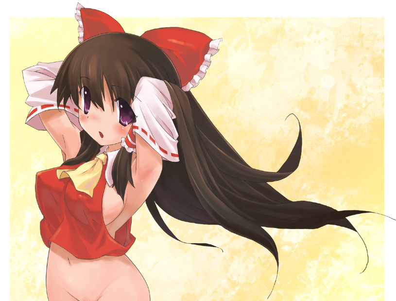 armpits arms_behind_head ascot bottomless bow breasts brown_hair bust erect_nipples female female_only hair_ribbon hair_tubes hairbow human large_breasts long_hair mound_of_venus navel no_bra no_pants out-of-frame_censoring purple_eyes reimu_hakurei ribbon sideboob solo touhou tsuderou