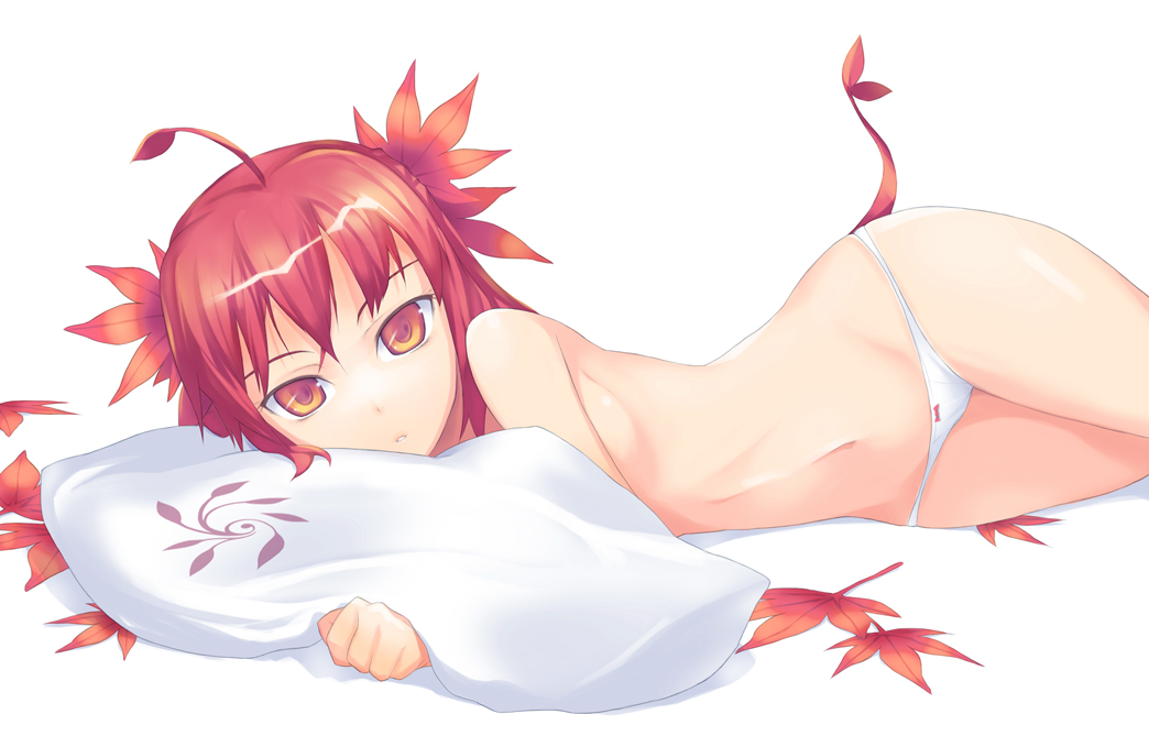 hips leaf leaf_girl leaves looking_at_viewer lowleg lowleg_panties lying maple_leaf maple_leaves monster_girl nanakusa on_side panties pillow red_hair topless underwear