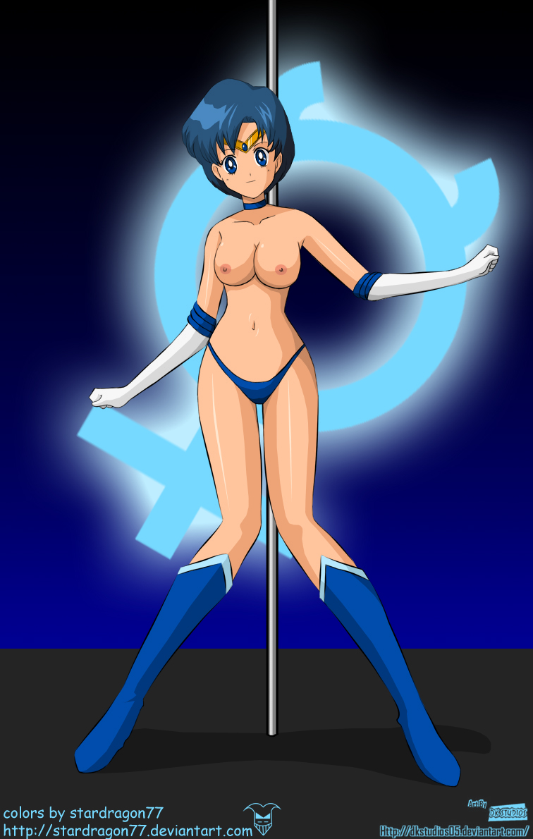 1girls ami_mizuno big_breasts bishoujo_senshi_sailor_moon breasts dk_studios female female_only front_view human mercury_symbol nipples panties sailor_mercury short_hair solo standing stardragon77 stripper_pole tagme topless