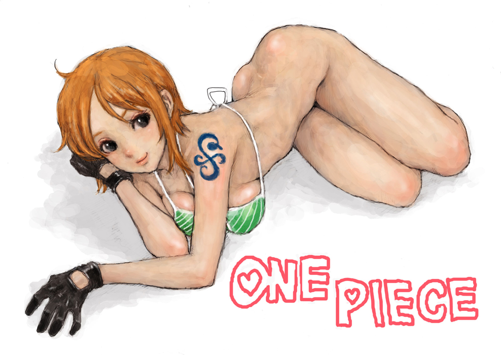 bikini bikini_top bottomless bra female female_only gloves legs_together lingerie lying nami no_panties on_side one_piece orange_hair pon pre-timeskip short_hair smile straight_hair swimsuit tattoo tattoos title_drop underwear