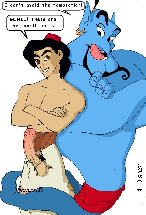 2006 aladdin aladdin_(character) arabian artist_name ball_out balls beard big_penis black_hair crossed_arms dated disney ear_piercing earring erect_penis erection facial_hair fez genie_(aladdin) jhemos licking_lips looking_at_penis male male_only moustache multiple_males pointed_ears topknot topless torn_pants