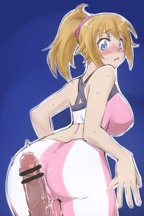 ass bike_shorts blue_eyes breasts brown_hair buttjob censored female grinding gundam gundam_build_fighters gundam_build_fighters_try hoshino_fumina midriff mikagami_sou outercourse penis ponytail pussy_juice sports_bra tied_hair