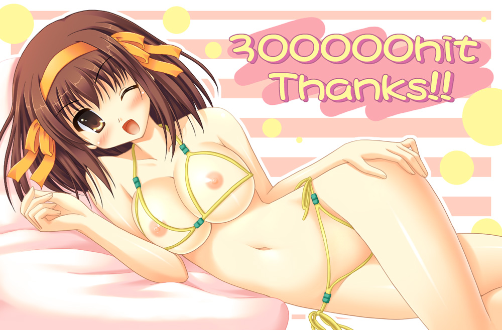 :d blush breasts brown_hair hits large_breasts milestone_celebration nipples short_hair side-tie_bikini suzumiya_haruhi suzumiya_haruhi_no_yuuutsu swimsuit uehiro wink