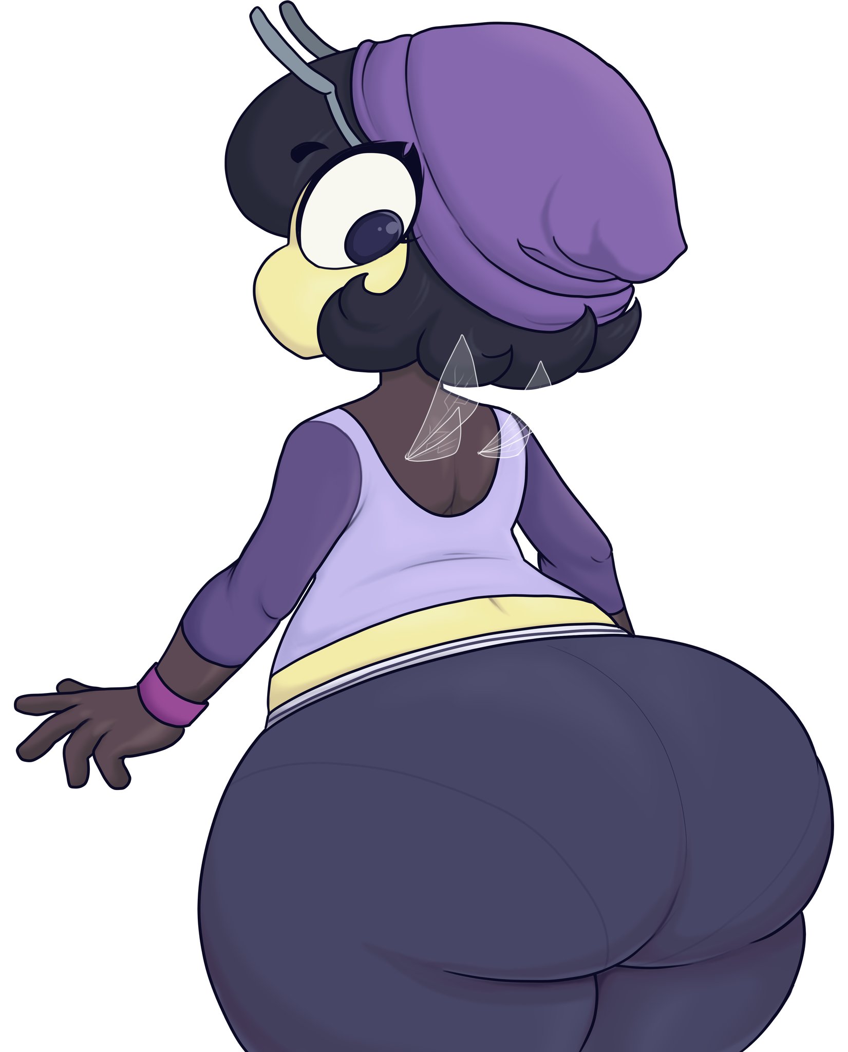 1girls, 5 fingers, antennae, anthro, anthrofied, arm band, arthropod, arthropod humanoid, ass, ass focus, back, back view, beanie, bee, bee girl, big ass, big butt, big eyes, black hair, black skin, blue eyes, bottom heavy, clothed, clothes, clothing, eyebrows, eyebrows visible through hair, eyelashes, female, female only, hat, highres, hips, huge ass, huge butt, humanoid, insect girl, insect wings, insects, karri, large ass, large butt, looking at ass, looking at butt, looking at viewer, looking back, mouthless, no mouth, original character, pantylines, simple background, solo, solo female, standing, thick, thick ass, thick thighs, thighs, tight pants, vendant, visible underwear, voluptuous, white background, wide hips, workout clothes, yellow face, yellow skin