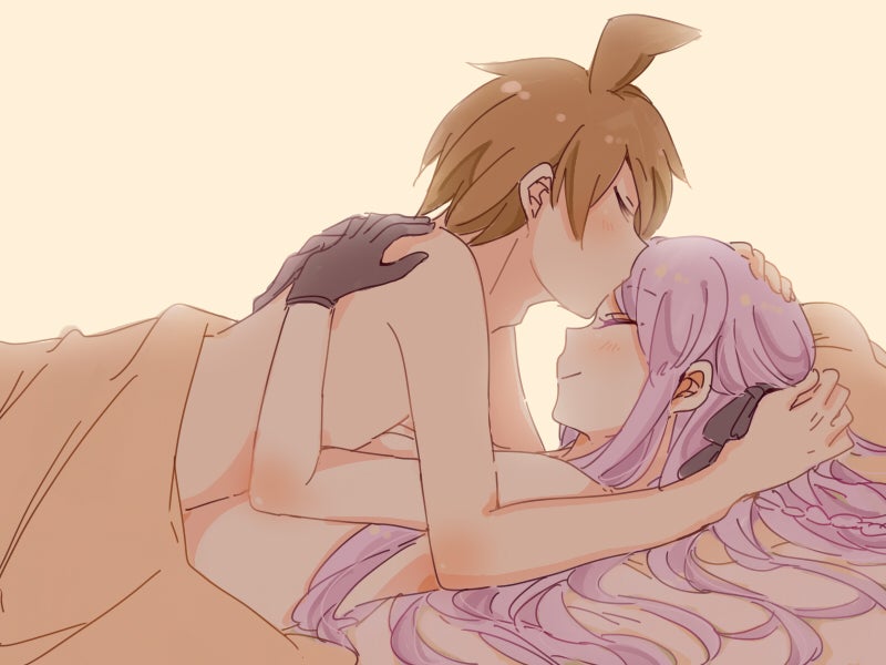 1boy 1boy1girl 1girls ahoge arms_around_back arms_around_partner arms_around_torso bed blush blushing brown_hair calm closed_eyes couple couple_(romantic) couple_love cuddle cuddling cute danganronpa danganronpa:_trigger_happy_havoc danganronpa_1 eyes_closed female forehead_kiss gloves hands_on_back hands_on_head happy happy_couple hug hugging human human_focus human_only in_bed in_love intimate kirigiri_kyouko kiss kiss_on_forehead kissing long_hair love lying lying_down lying_in_bed lying_on_bed lying_on_person male male/female naegi_makoto on_bed peaceful purple_hair relaxed relaxing romantic romantic_ambiance romantic_couple serene short_hair simple_background smile smiling smiling_at_another smiling_at_partner straight straight_hair true_love under_covers wholesome zawameki